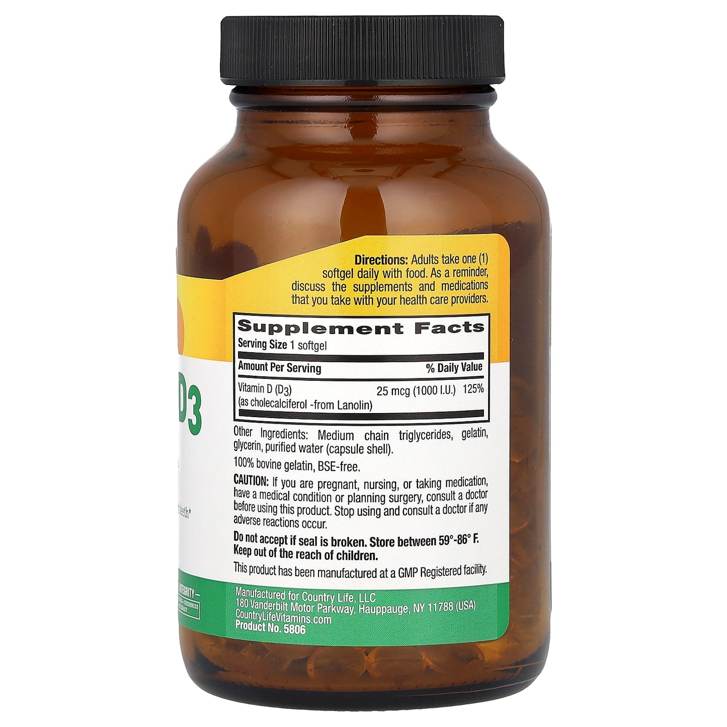 Vitamin D3 25 mcg (1,000 I.U.) by Country Life - Healthy Bones & Immune Support - Image 2