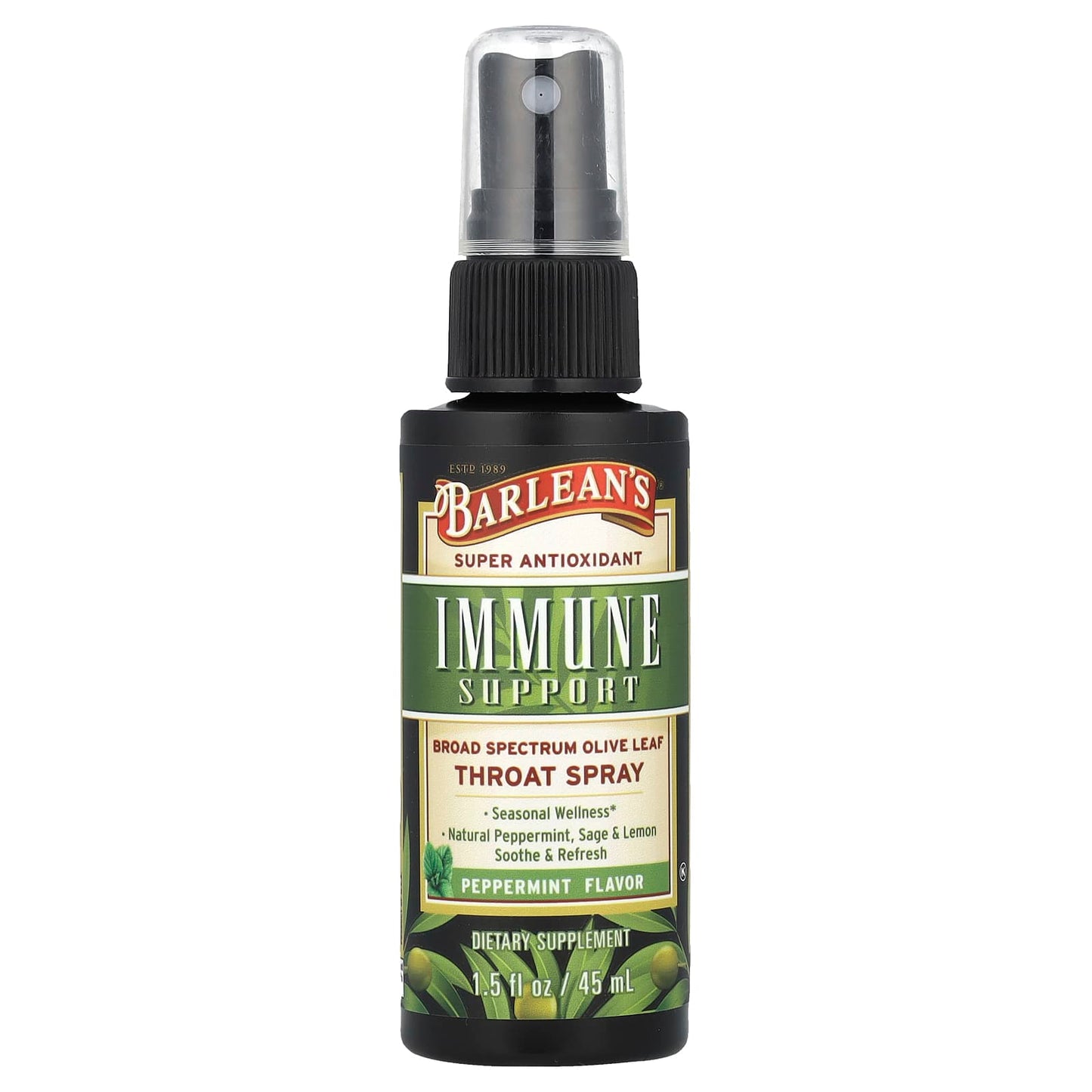 Barlean's Immune Support Olive Leaf Throat Spray, Peppermint, 45ml - Image 1