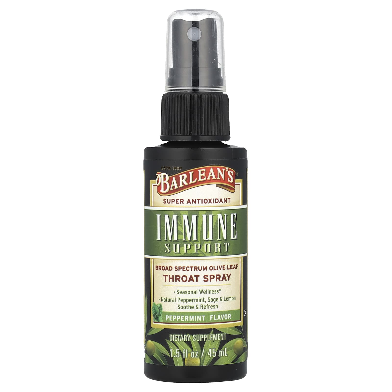 Barlean's Immune Support Olive Leaf Throat Spray, Peppermint, 45ml - Image 1