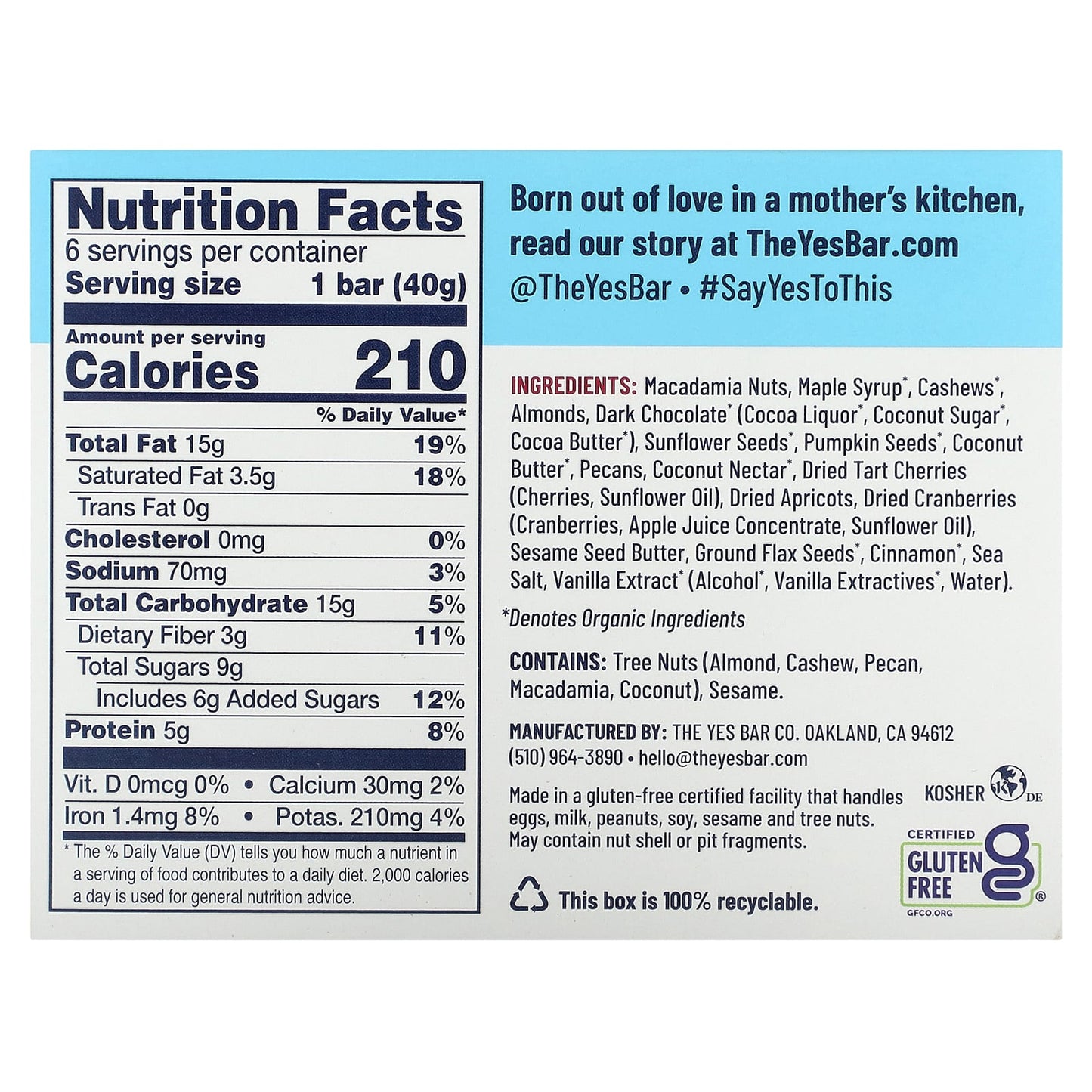 Yes Bar, Snack Bar, Macadamia Chocolate, 6 Bars, 1.4 oz (40 g) Each - Image 2