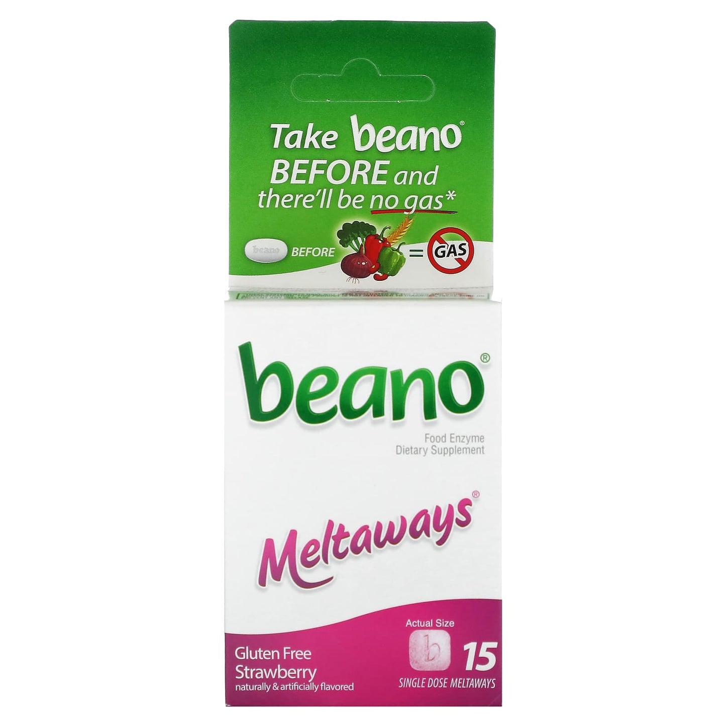 Prevent Gas, Bloating with Beano Meltaways Strawberry - 450 GALU, 15 Tablets - Image 1