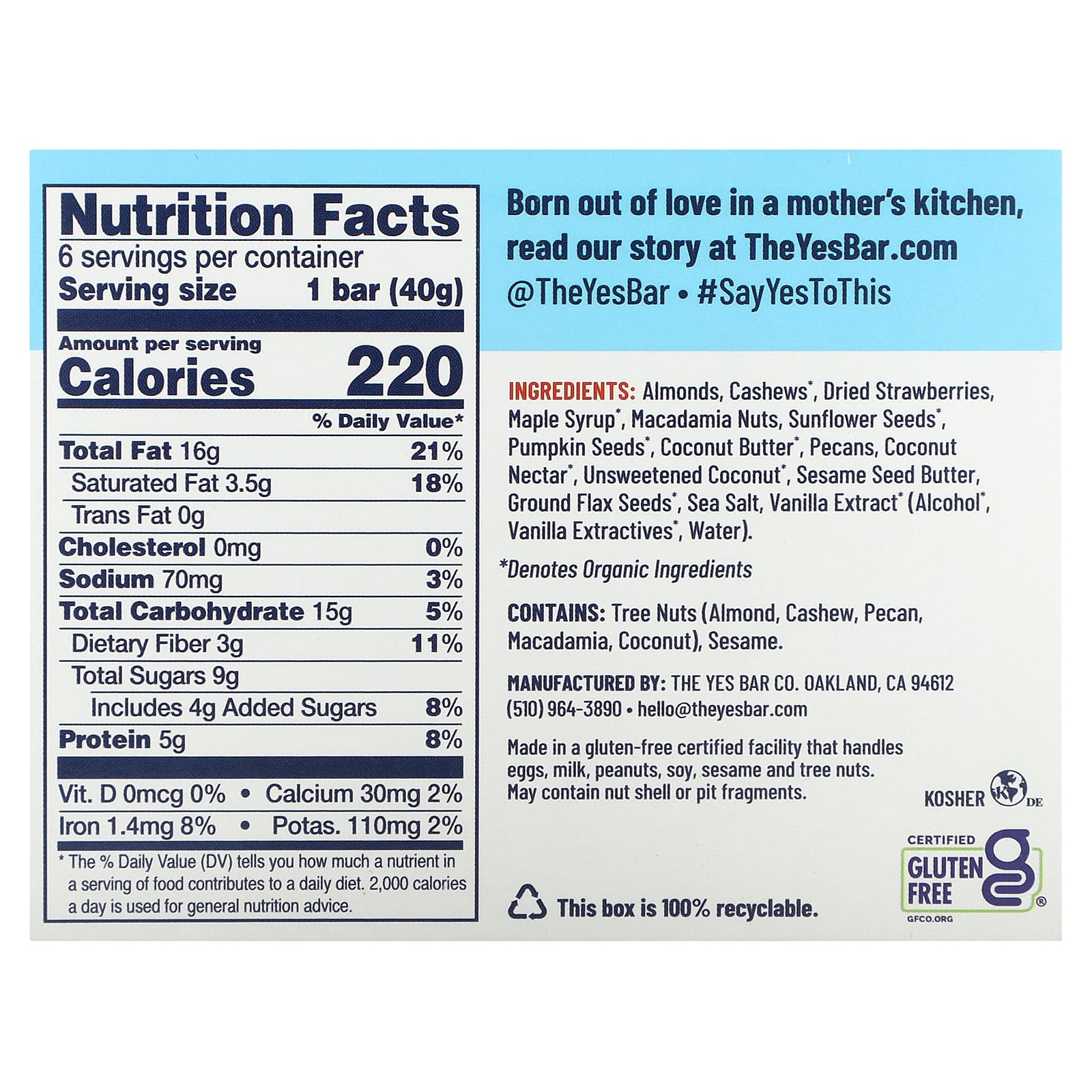 Yes Bar, Snack Bar, Strawberry Coconut, 6 Bars, 1.4 oz (40 g) Each - Image 2