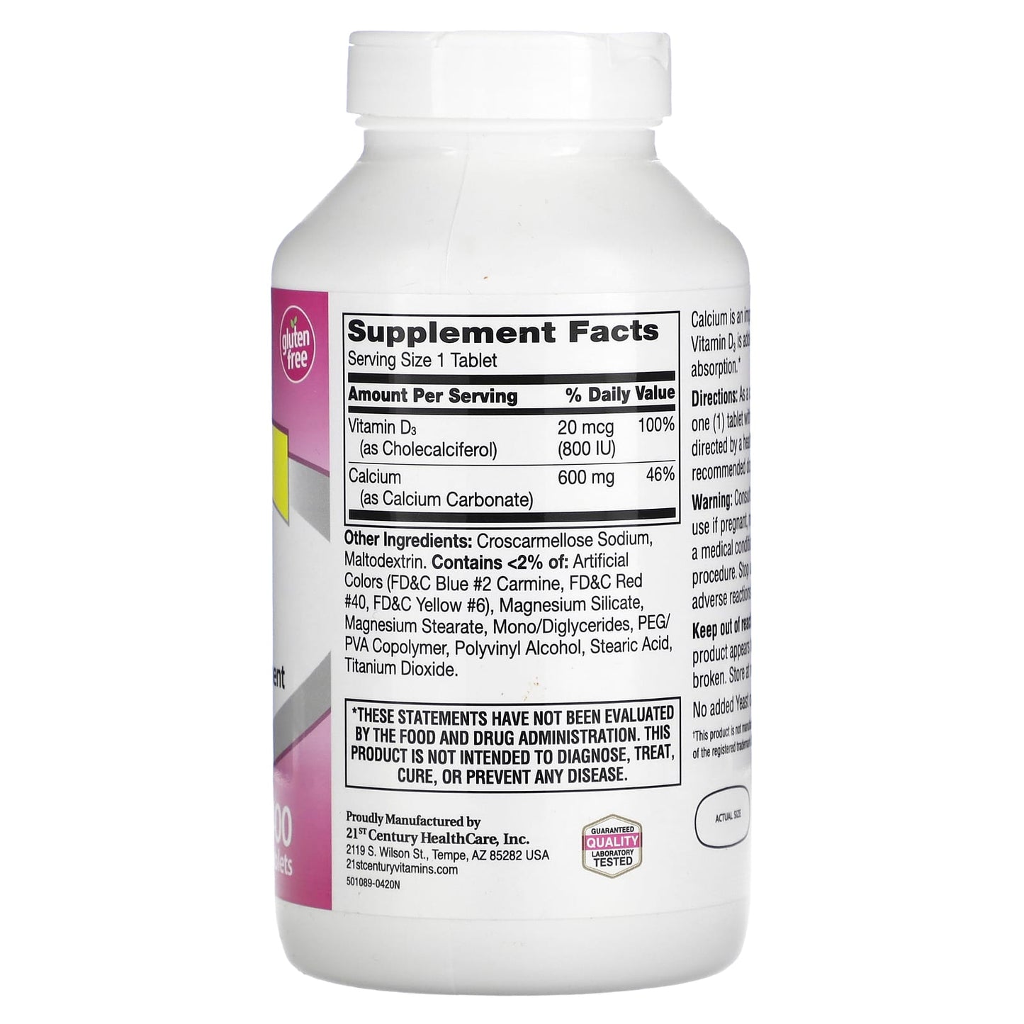 21st Century Calcium & Vitamin D3 Supplement - 600+D3, 400 Tablets - Image 2