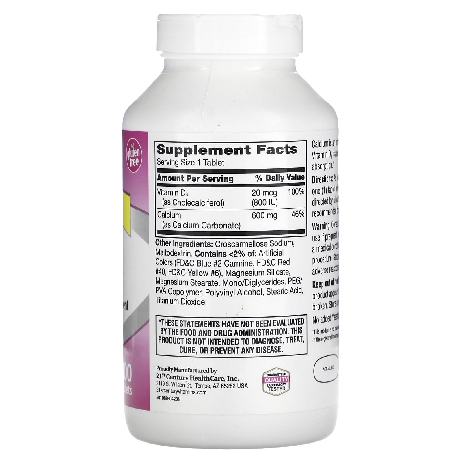 21st Century Calcium & Vitamin D3 Supplement - 600+D3, 400 Tablets - Image 2