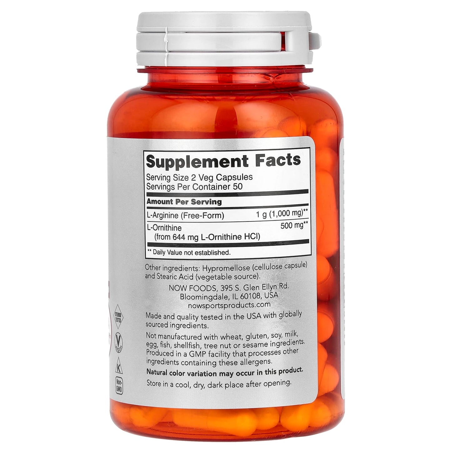 NOW Foods, Sports, Arginine & Ornithine, 100 Veg Capsules - Image 2