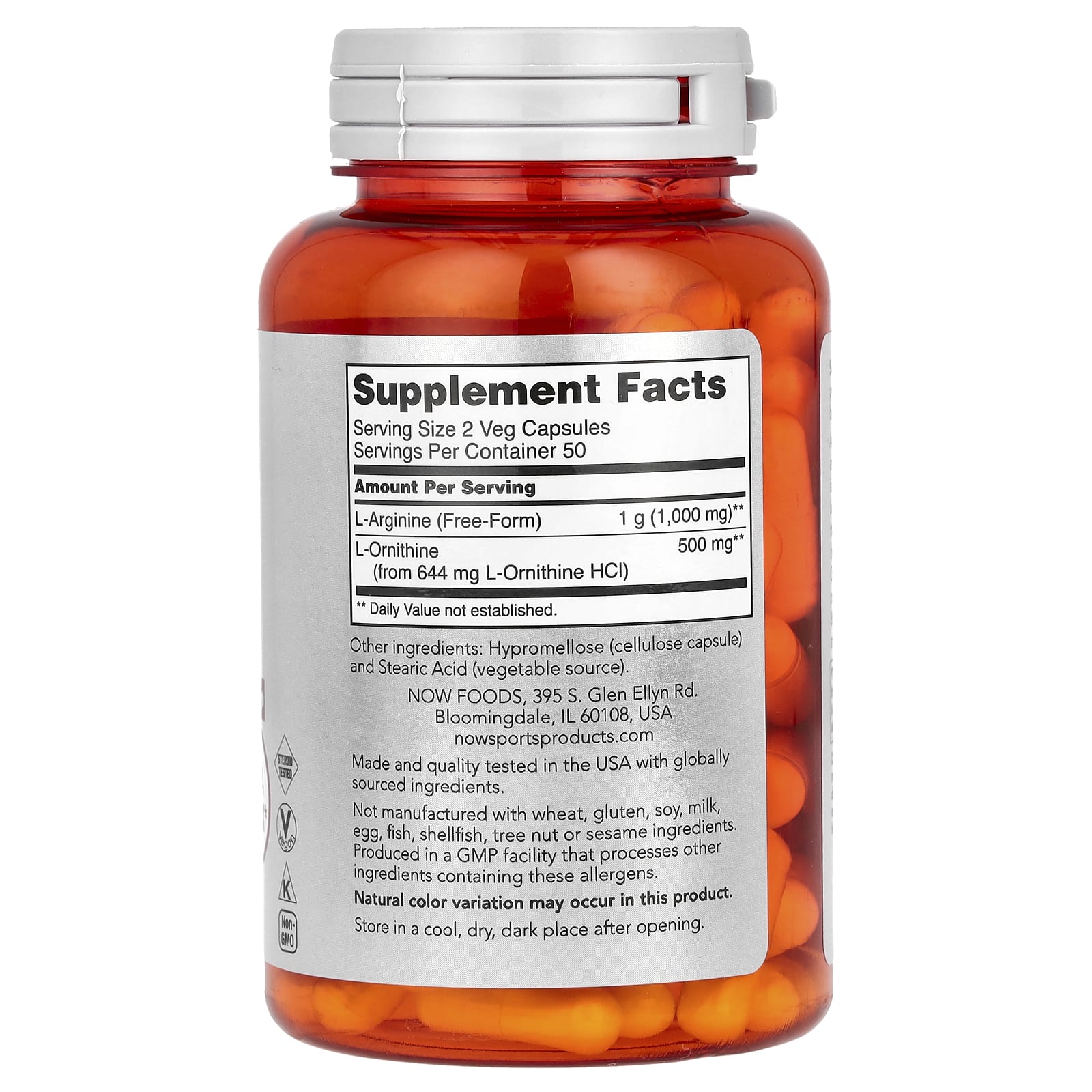 NOW Foods, Sports, Arginine & Ornithine, 100 Veg Capsules - Image 2