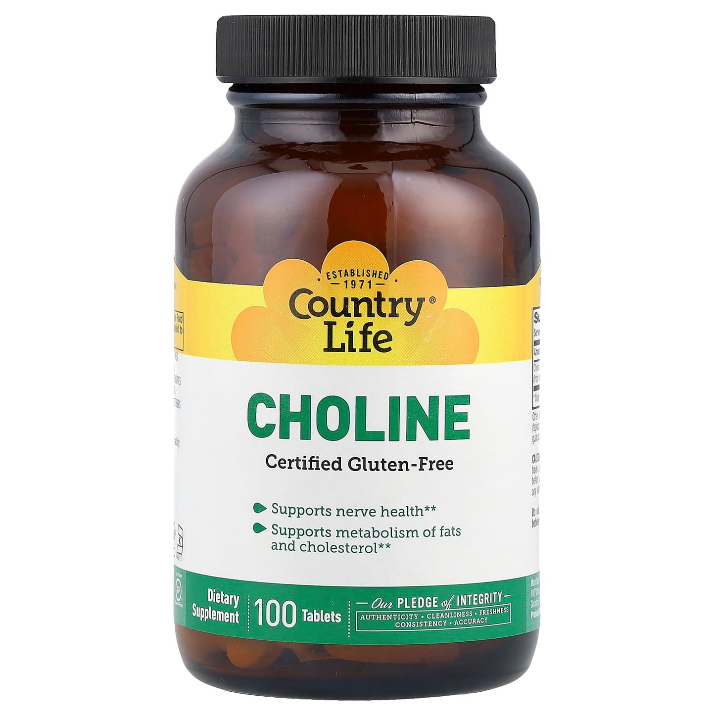 Country Life Choline Supplement, 266mg, 100 Tablets, Gluten-Free - Image 1