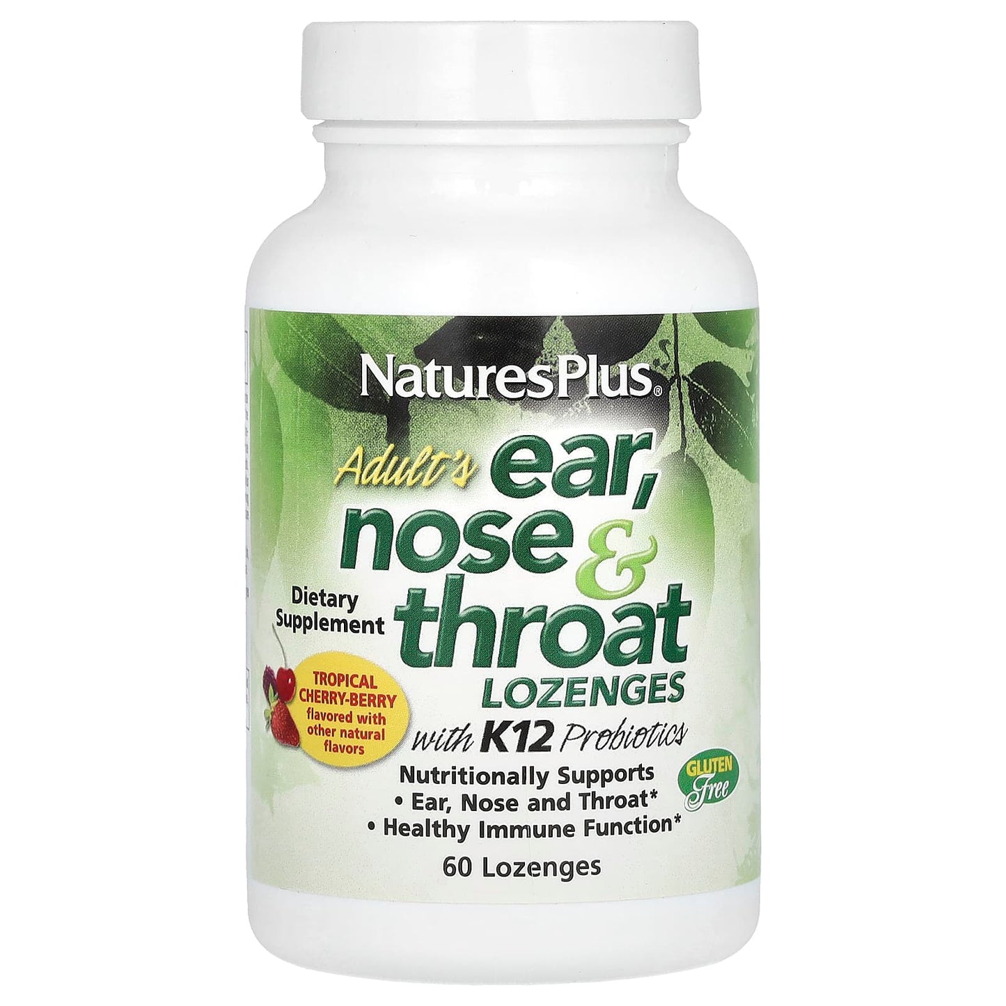 NaturesPlus, Adult's Ear, Nose & Throat Lozenges with K12 Probiotics, Natural Tropical Cherry-Berry, 60 Lozenges - Image 1