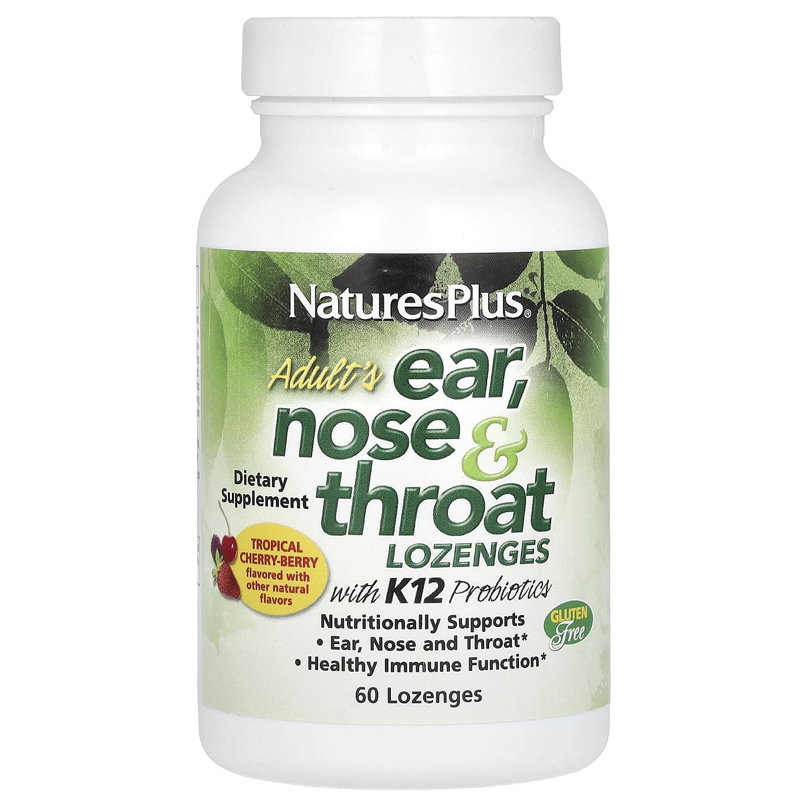 NaturesPlus, Adult's Ear, Nose & Throat Lozenges with K12 Probiotics, Natural Tropical Cherry-Berry, 60 Lozenges - Image 1