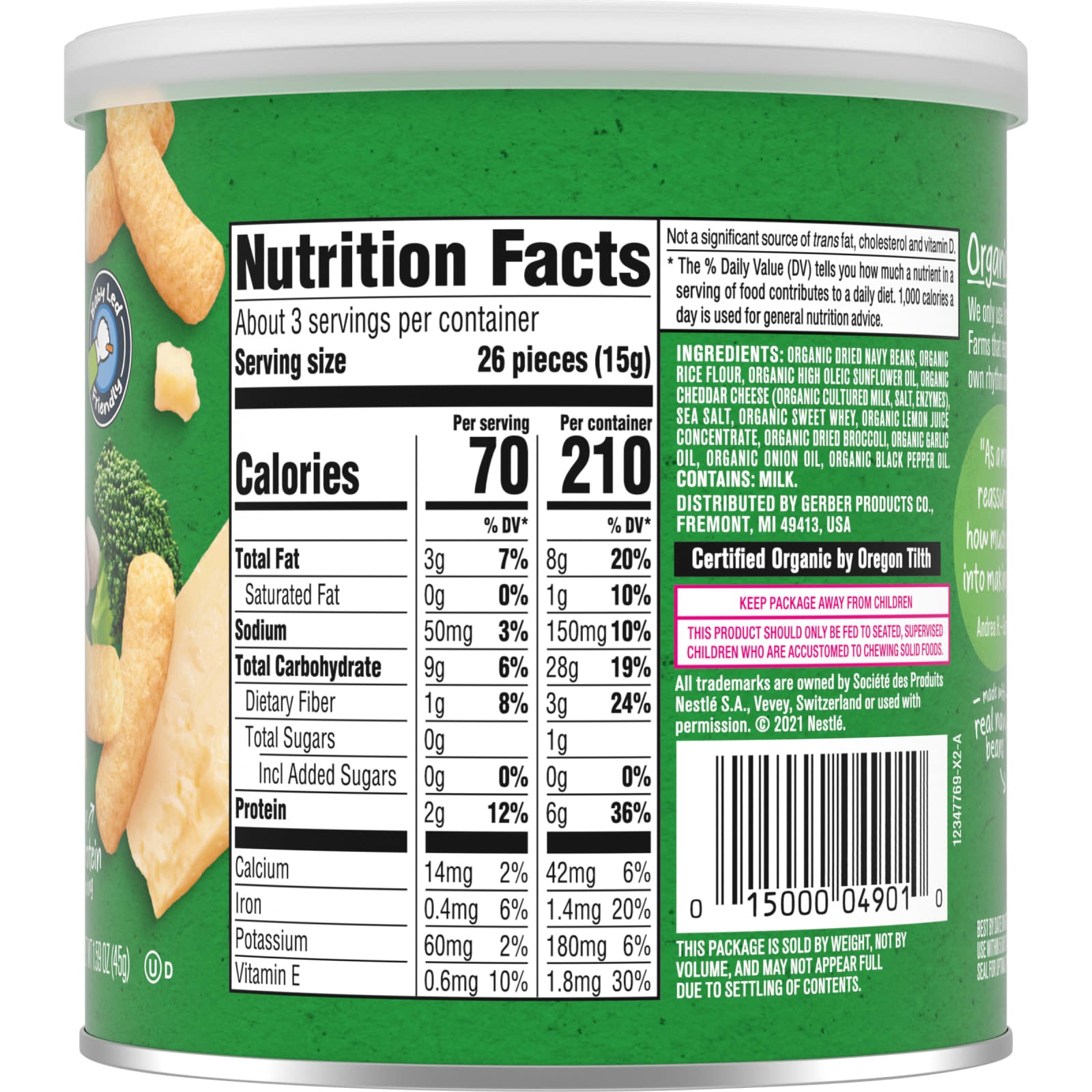 Gerber Organic White Cheddar Broccoli Toddler Snack, 12+ Months, USDA Certified - Image 2