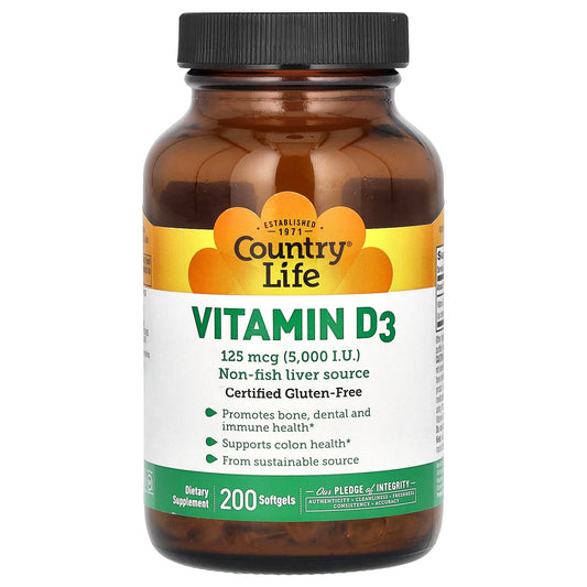 Country Life Vitamin D3 5,000 IU 200 Softgels for Bone Health - Image 1