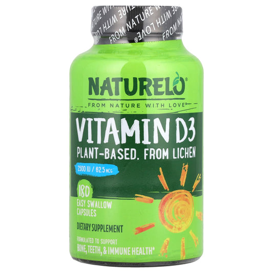 NATURELO, Vitamin D3, 62.5 mcg (2,500 IU), 180 Easy Swallow Capsules - Image 1