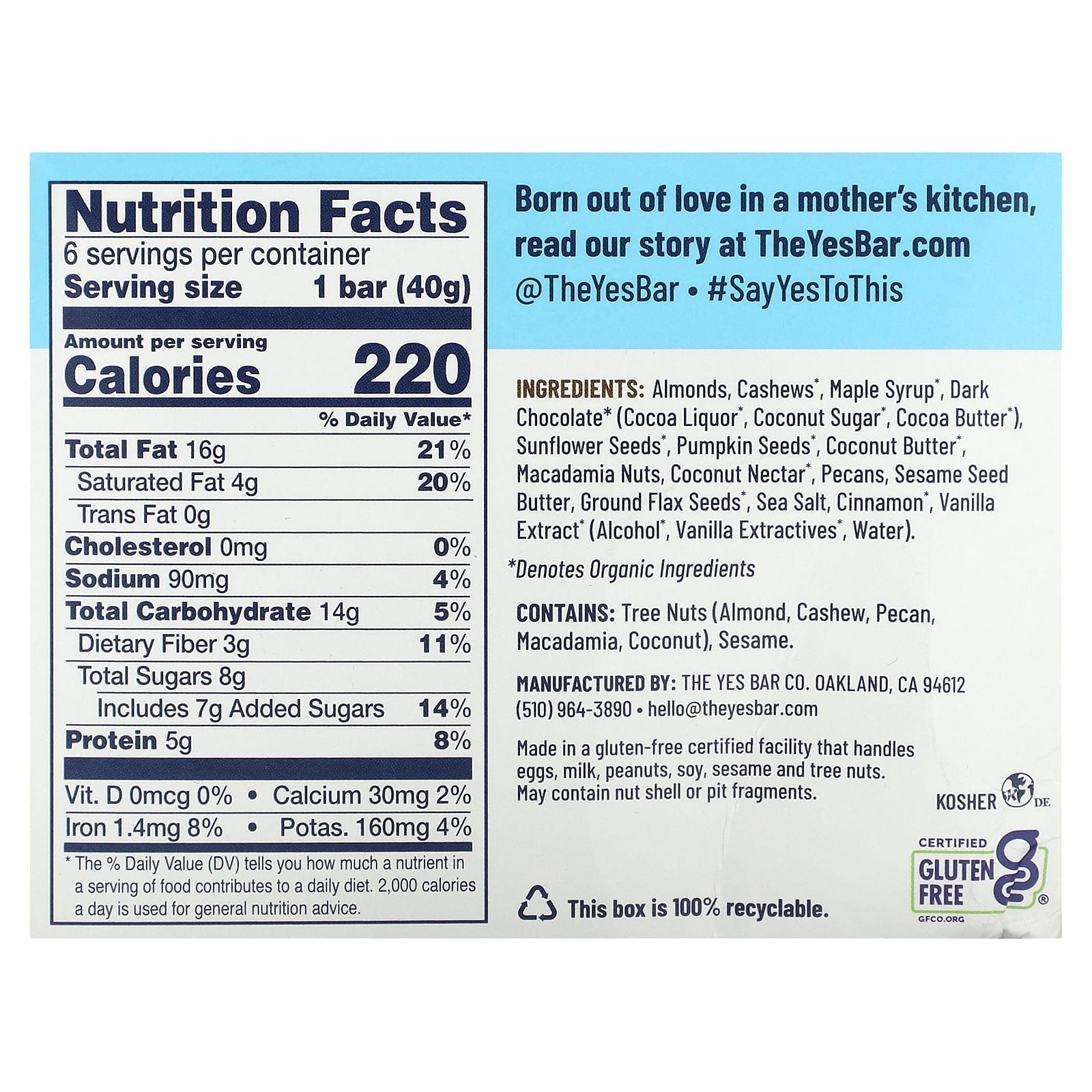 Yes Bar, Snack Bar, Dark Chocolate Chip, 6 Bars, 1.4 oz (40 g) Each - Image 2