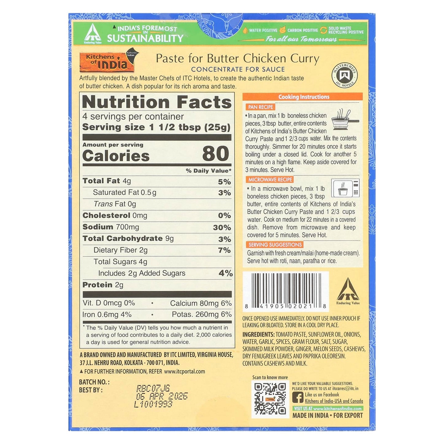 Kitchens of India, Paste For Butter Chicken Curry, Concentrate For Sauce, Medium, 3.5 oz (100 g) - Image 2