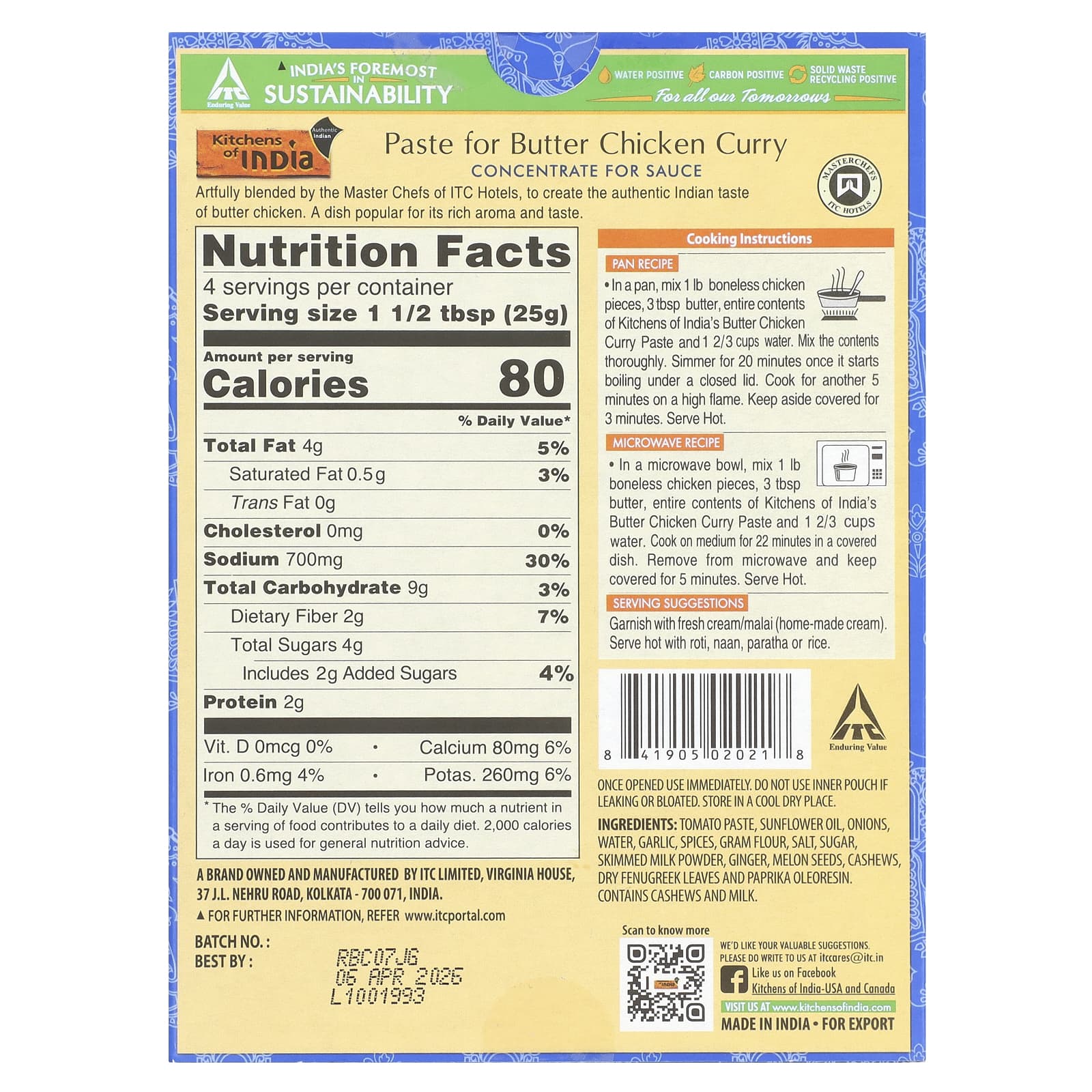 Kitchens of India, Paste For Butter Chicken Curry, Concentrate For Sauce, Medium, 3.5 oz (100 g) - Image 2