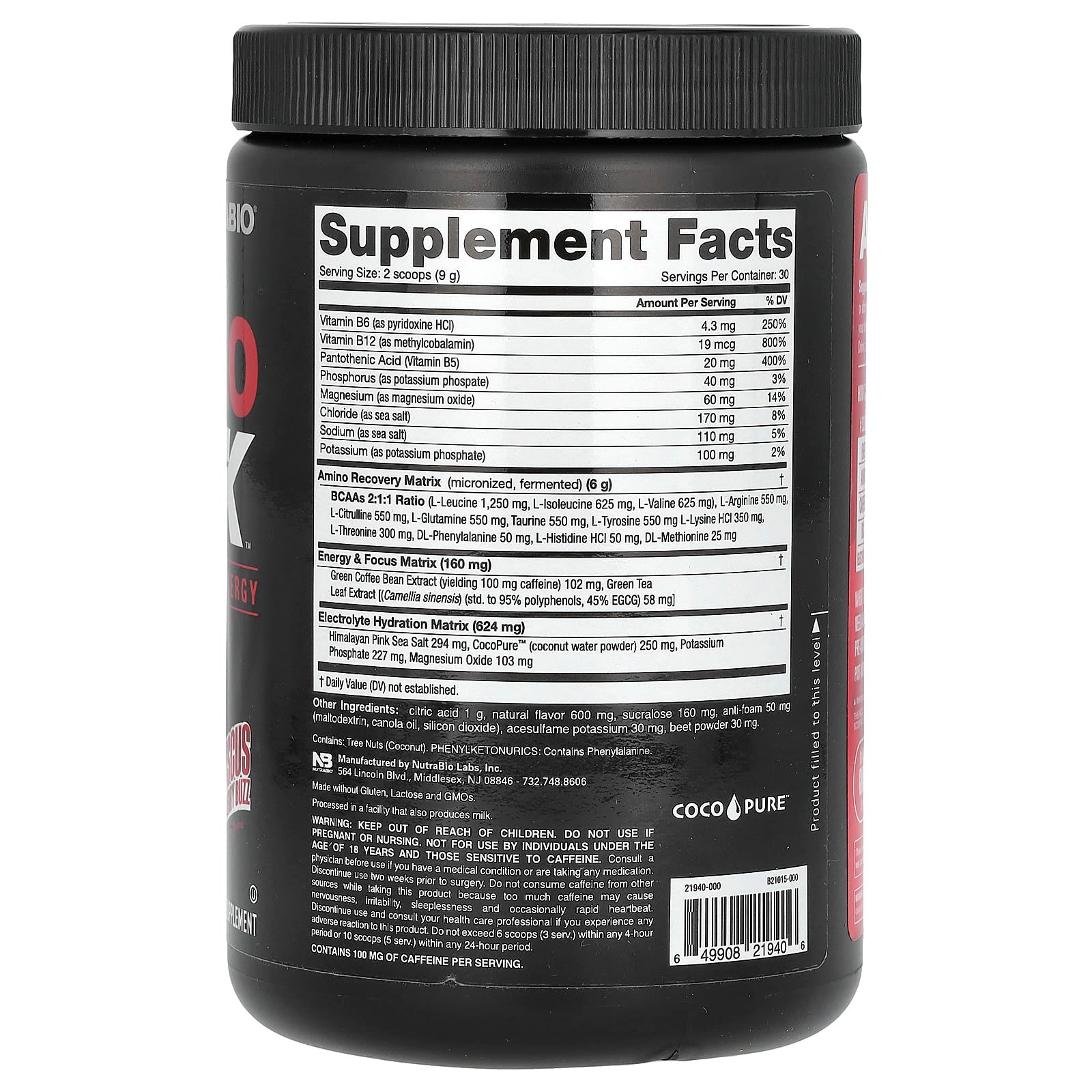 NutraBio, Amino Kick, Hibiscus Strawberry Buzz, 0.59 lb (269 g) - Image 2