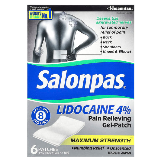 Salonpas, Lidocaine 4% Pain Relieving Gel-Patch, Maximum Strength, Unscented, 6 Patches - Image 1