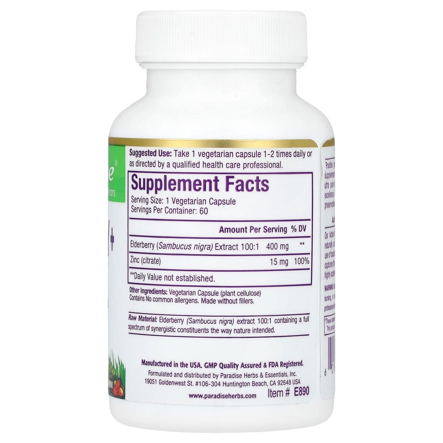 Paradise Herbs, Elderberry+ with Zinc, 60 Vegetarian Capsules - Image 2