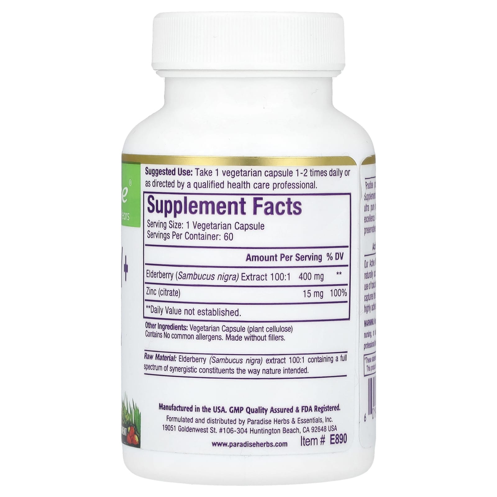 Paradise Herbs, Elderberry+ with Zinc, 60 Vegetarian Capsules - Image 2