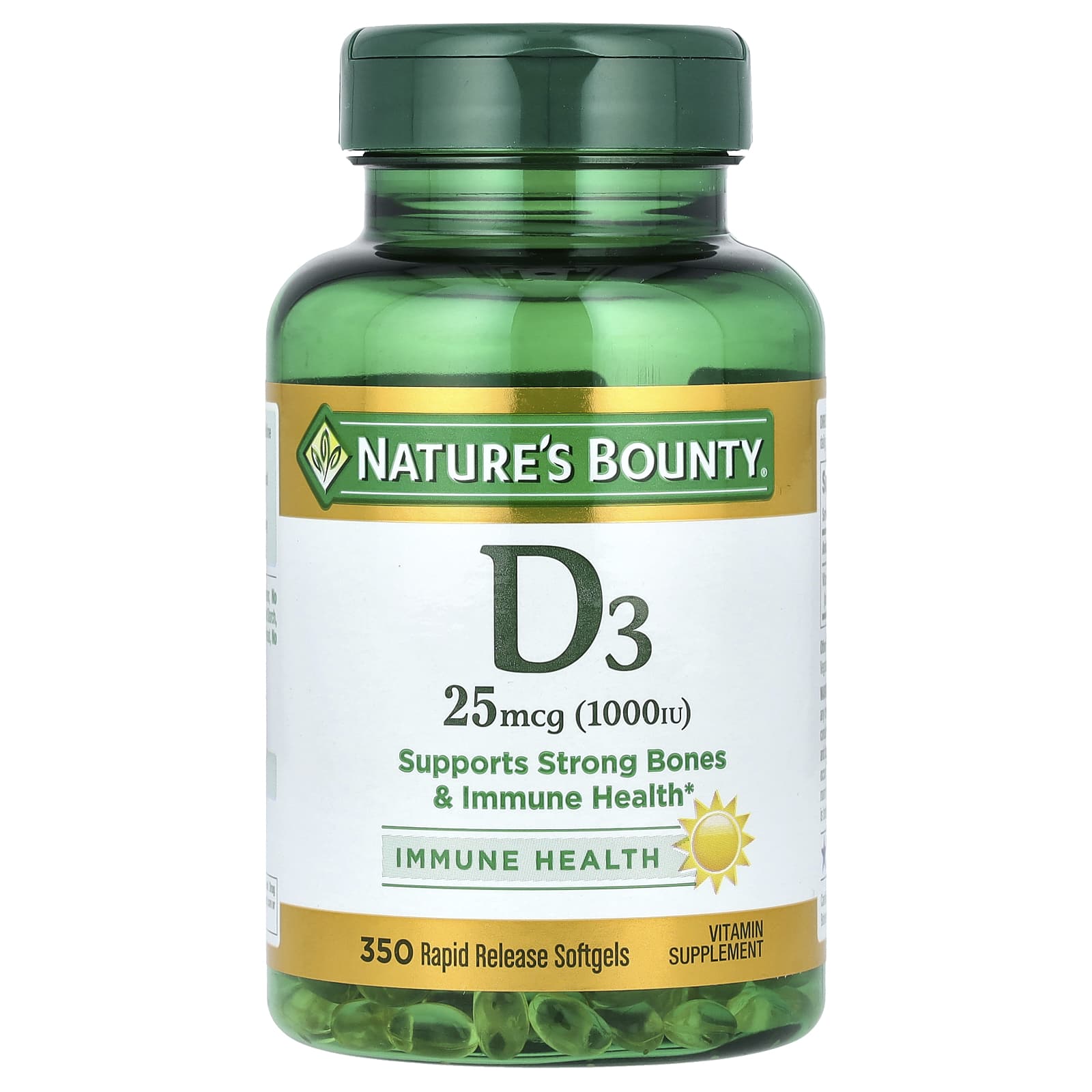 Nature's Bounty, D3, 25 mcg (1,000 IU), 350 Rapid Release Softgels - Image 1