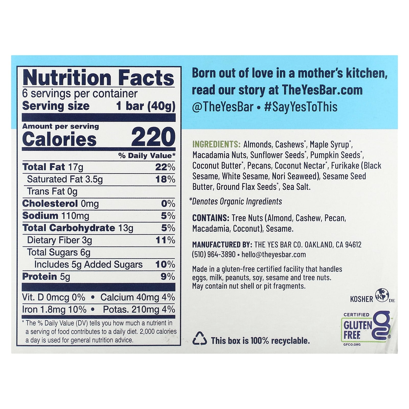 Yes Bar, Snack Bar, Black Sesame Sea Salt, 6 Bars, 1.4 oz (40 g) Each - Image 2