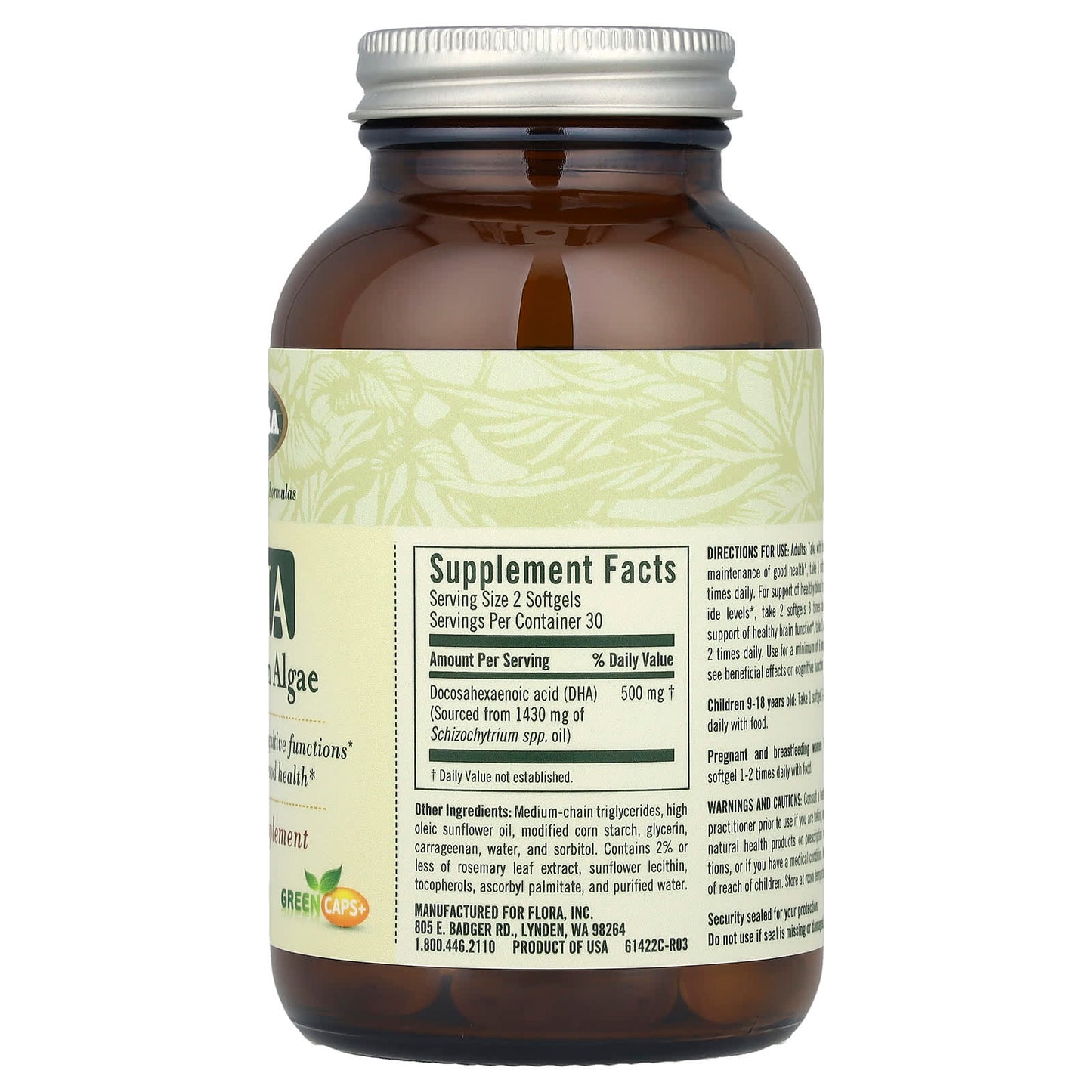 Flora Vegetarian Algae DHA Brain and Eye Support 60 Softgels - Image 2