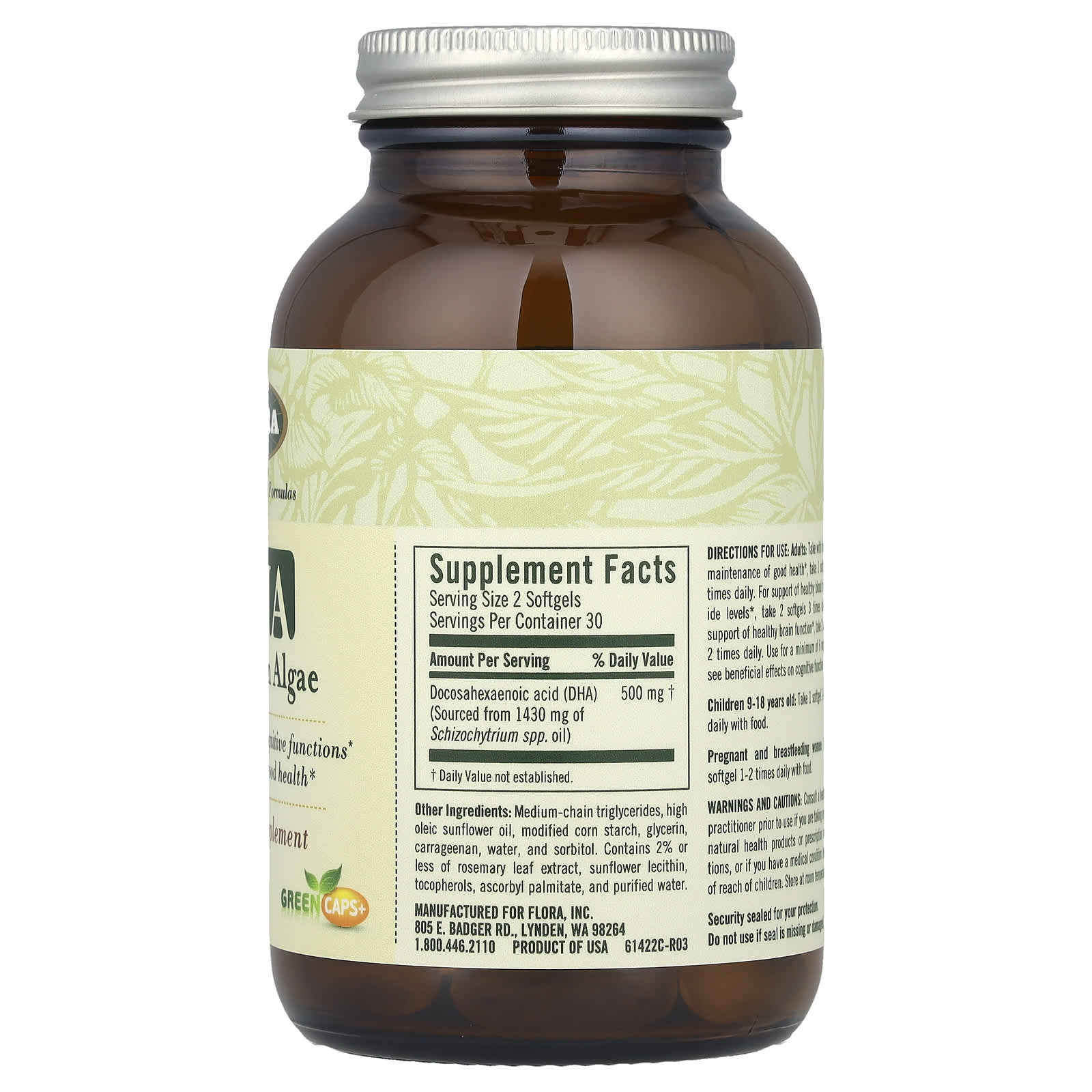 Flora Vegetarian Algae DHA Brain and Eye Support 60 Softgels - Image 2