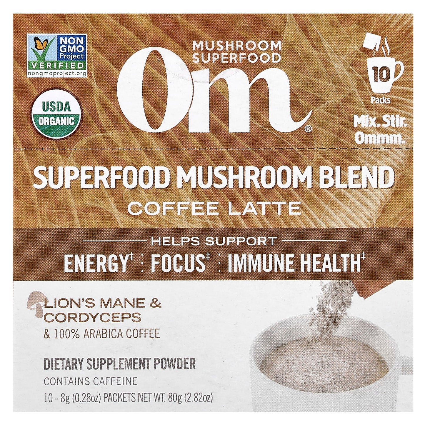 Om Mushrooms, Superfood Mushroom Blend, Coffee Latte, 10 Packets, 0.28 oz (8 g) Each - Image 1