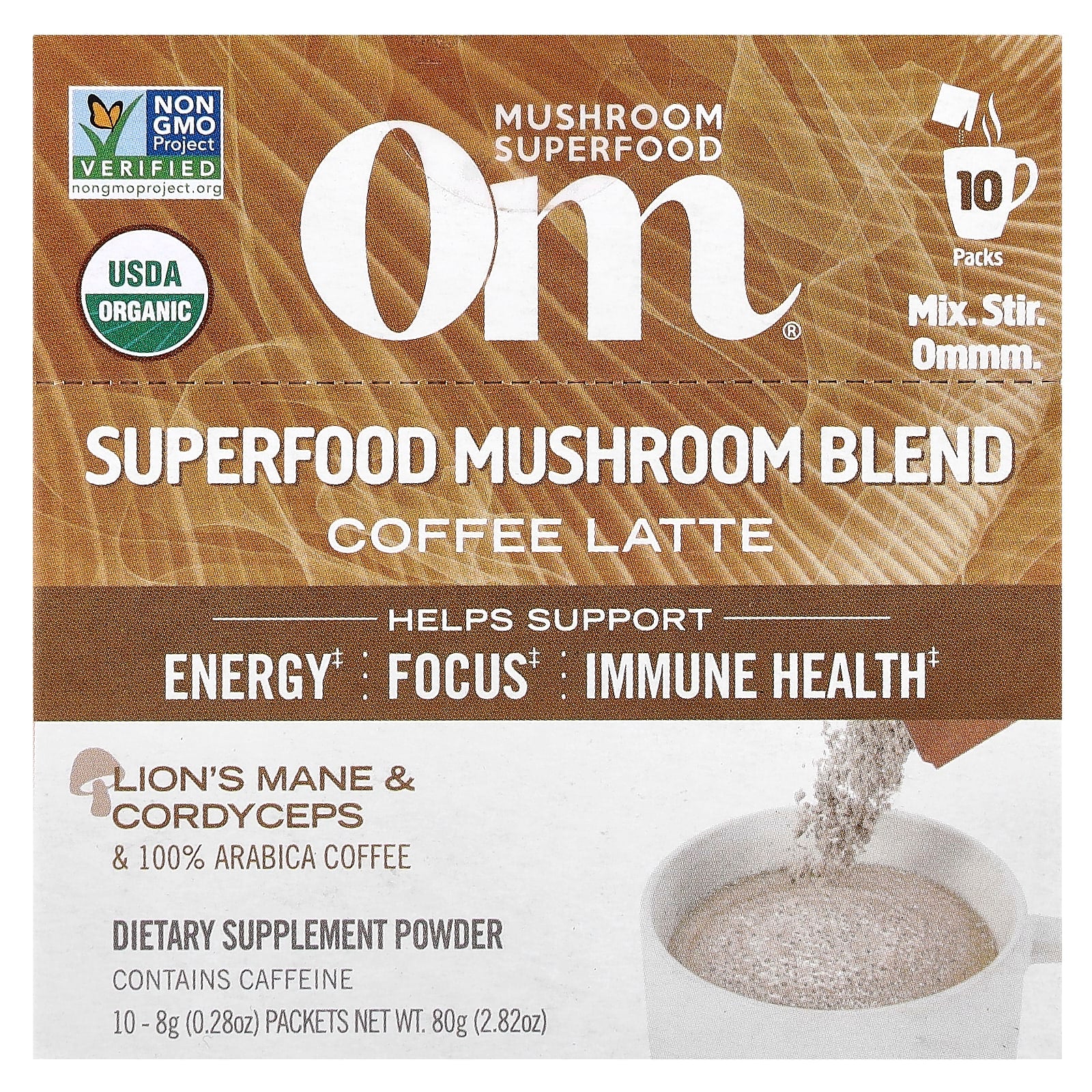 Om Mushrooms, Superfood Mushroom Blend, Coffee Latte, 10 Packets, 0.28 oz (8 g) Each - Image 1