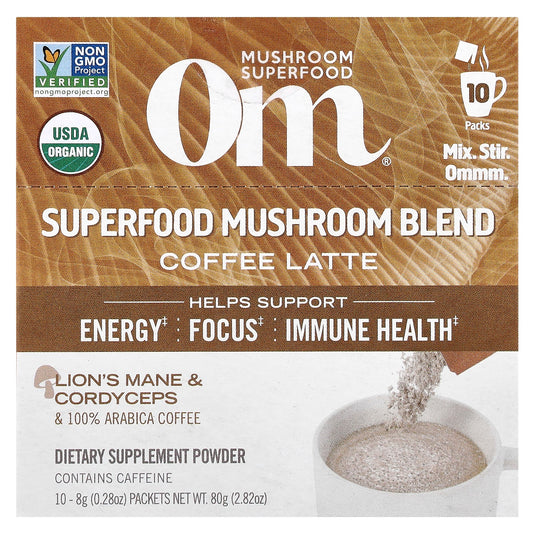Om Mushrooms, Superfood Mushroom Blend, Coffee Latte, 10 Packets, 0.28 oz (8 g) Each - Image 1