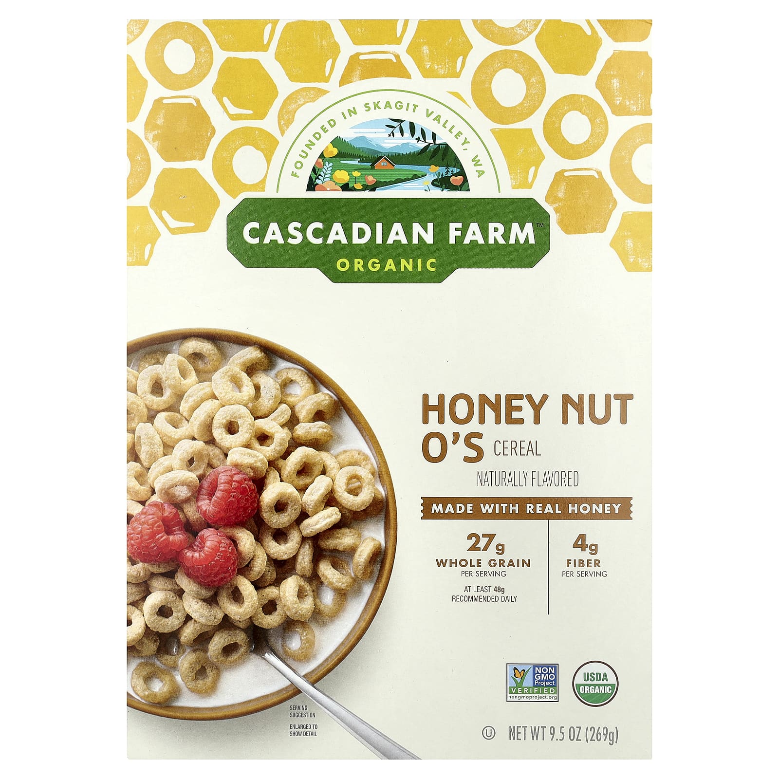 Cascadian Farm Organic Honey Nut O's Cereal, 9.5 oz, USDA Organic - Image 1