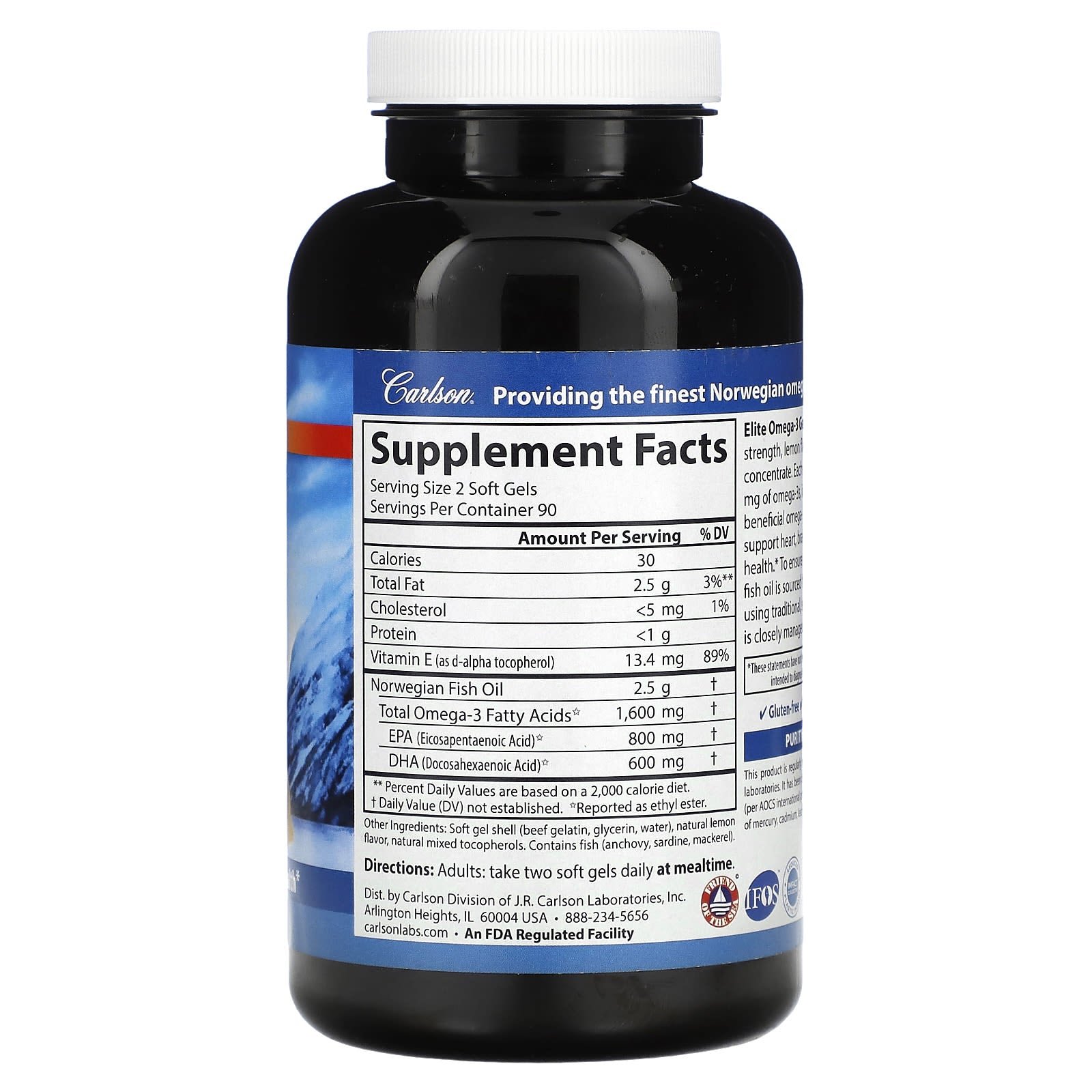 Carlson, Wild Norwegian, Elite Omega-3 Gems®, Natural Lemon, 1,600 mg, 180 Soft Gels (800 mg per Soft Gel)