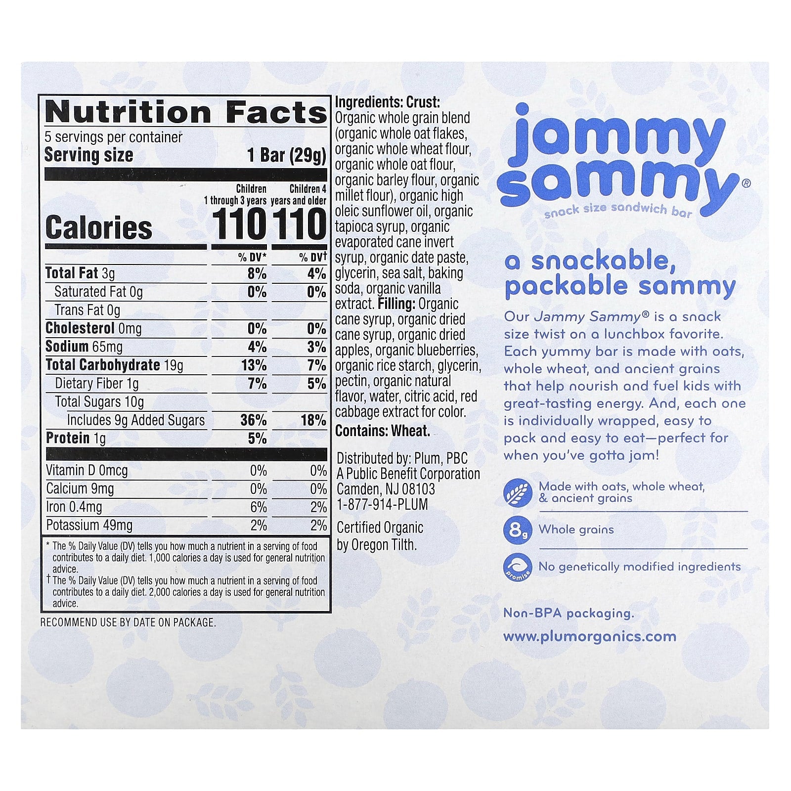 Plum Organics, Jammy Sammy, Snack Size Sandwich Bar, 15 Months & Up, Blueberry & Oatmeal, 5 Bars, 1.02 oz (29 g) Each - Image 2