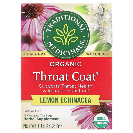 Traditional Medicinals, Organic Throat Coat, Lemon Echinacea, Caffeine Free, 16 Wrapped Tea Bags, 1.13 oz (32 g) - Image 1