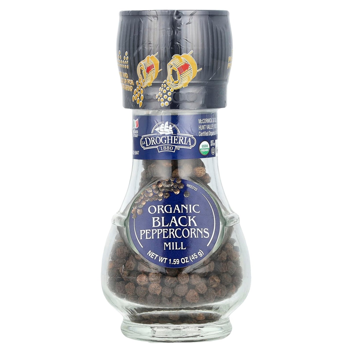 USDA Organic Black Peppercorns Grinder by Drogheria & Alimentari, 45g - Image 1