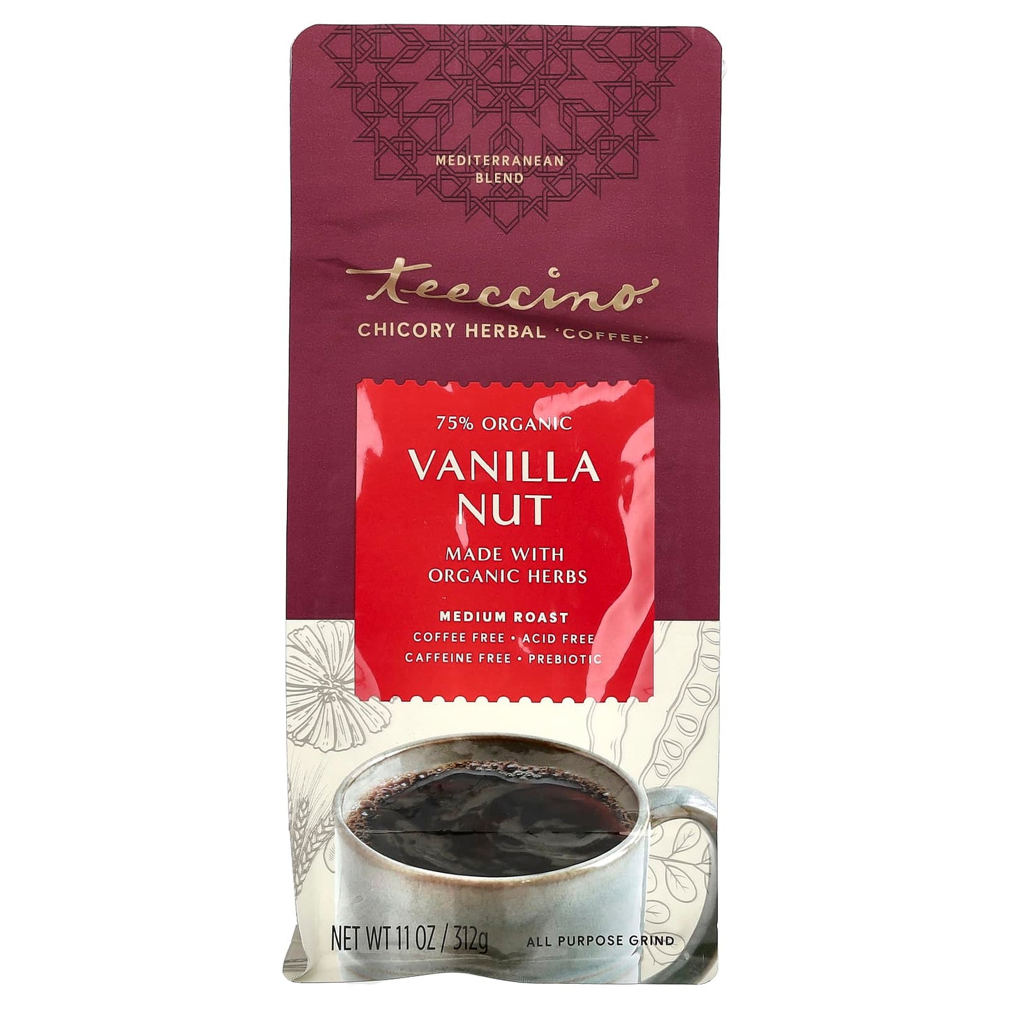 Teeccino, Chicory Herbal Coffee, Vanilla Nut, Medium Roast, Caffeine Free, 11 oz (312 g) - Image 1