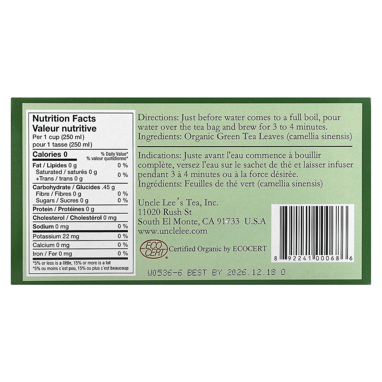 Uncle Lee's Tea, Organic Green Tea, 100 Tea Bags, 5.64 oz (160 g) - Image 2