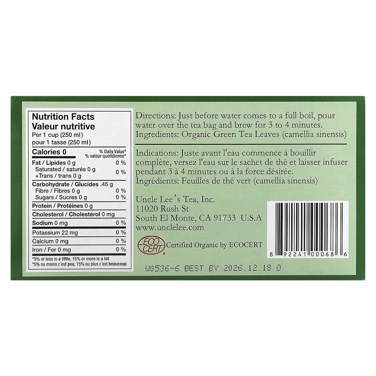 Uncle Lee's Tea, Organic Green Tea, 100 Tea Bags, 5.64 oz (160 g) - Image 2
