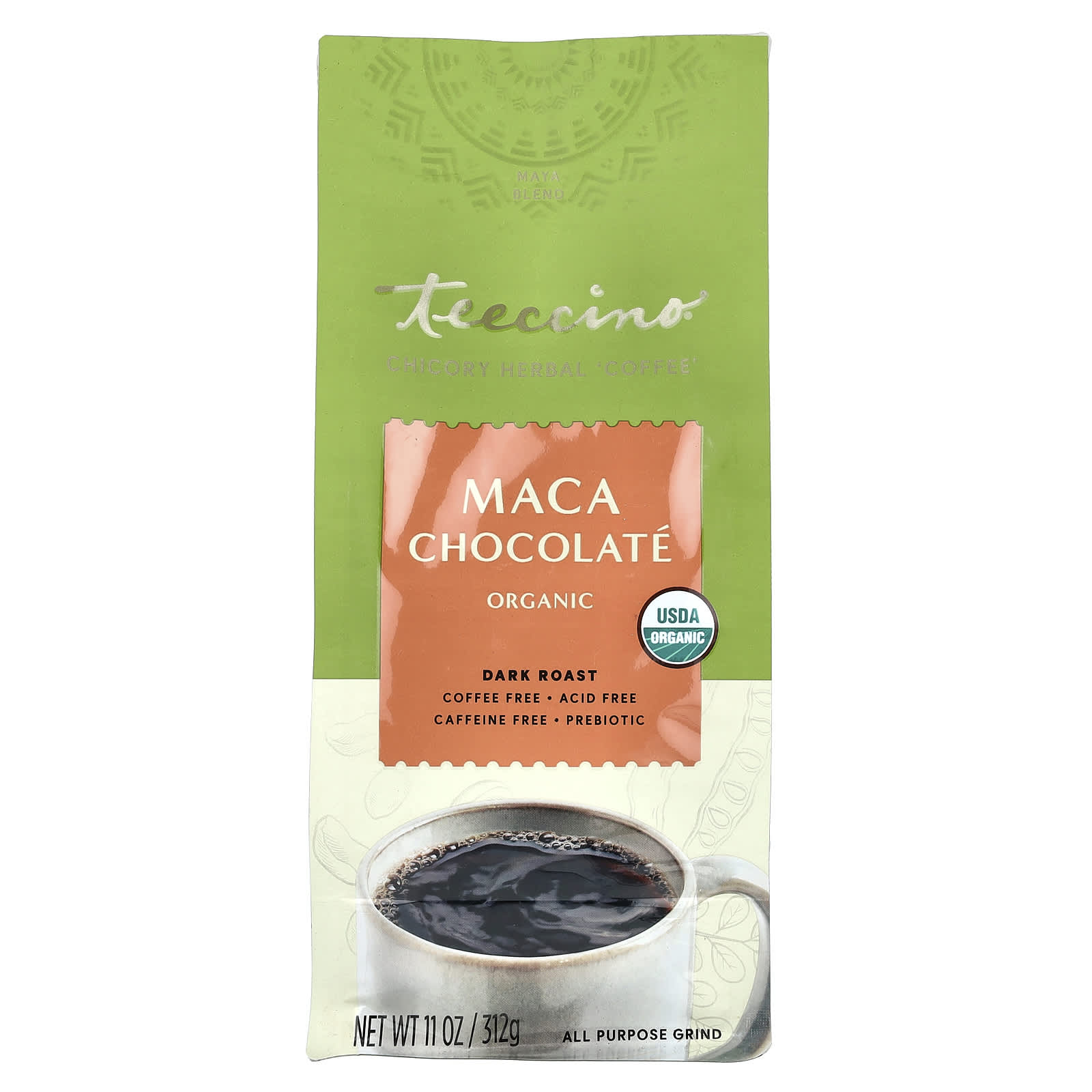 Teeccino, Organic Chicory Herbal Coffee, Maca Chocolate, Dark Roast, Caffeine Free, 11 oz (312 g) - Image 1