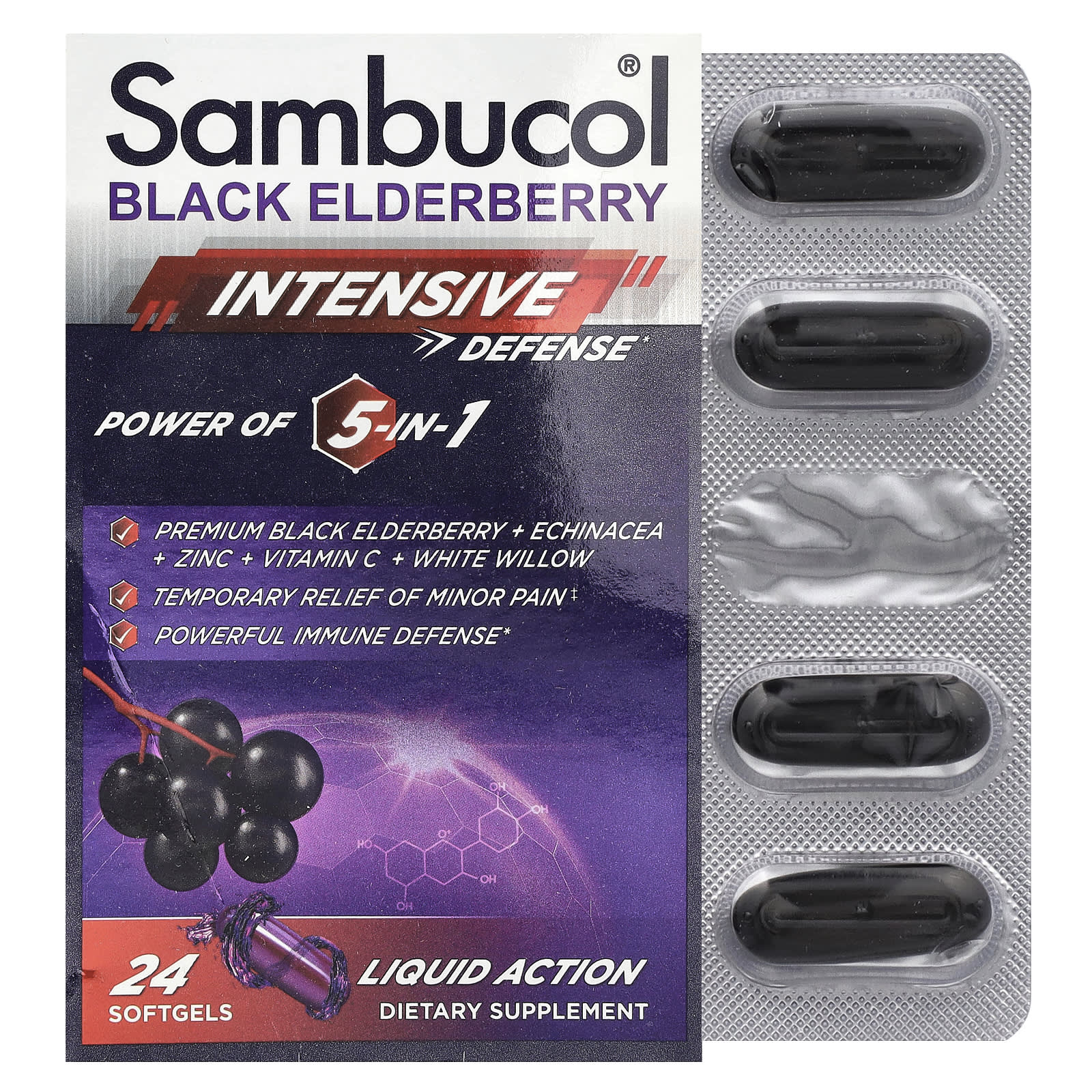 Sambucol, Black Elderberry, Intensive Defense, Power of 5-in-1, 24 Softgels - Image 1