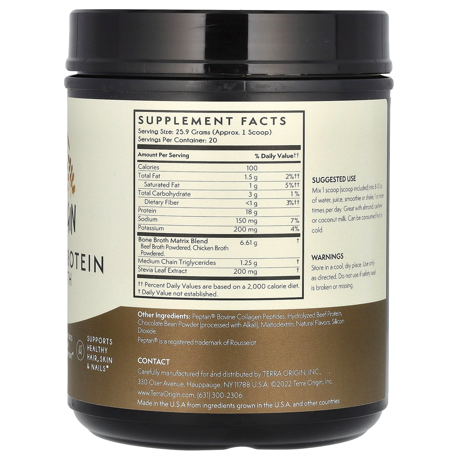 Terra Origin, Collagen + Protein Bone Broth, Chocolate, 18.27 oz (518 g) - Image 2