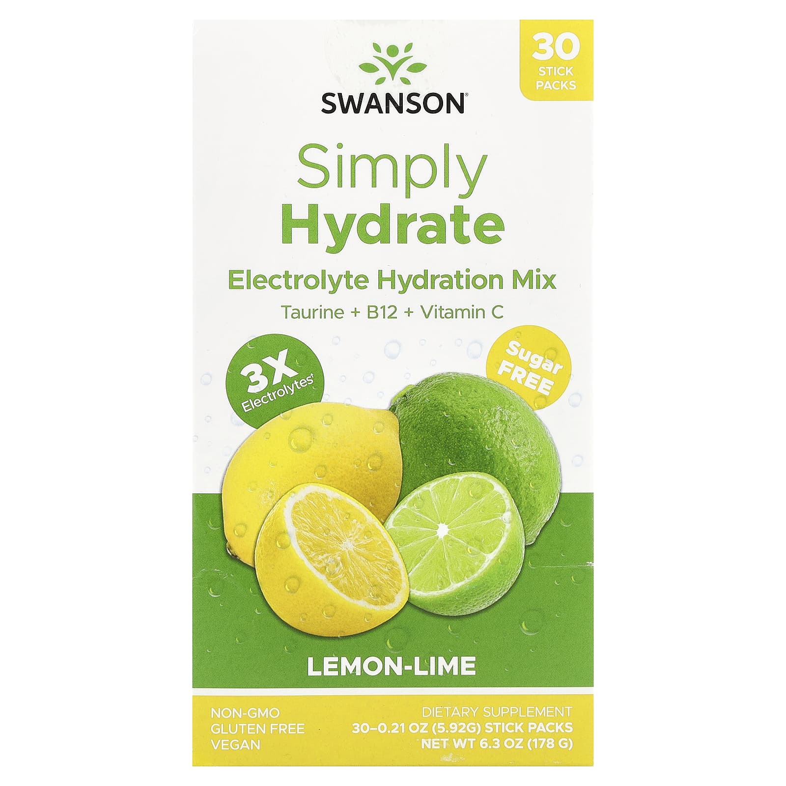 Swanson, Simply Hydrate, Electrolyte Hydration Mix, Lemon-Lime, 30 Stick Packs, 0.21 oz (5.92 g) Each - Image 1
