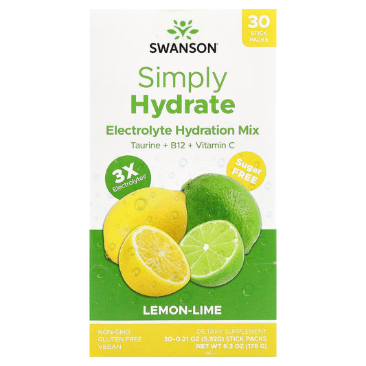 Swanson, Simply Hydrate, Electrolyte Hydration Mix, Lemon-Lime, 30 Stick Packs, 0.21 oz (5.92 g) Each - Image 1