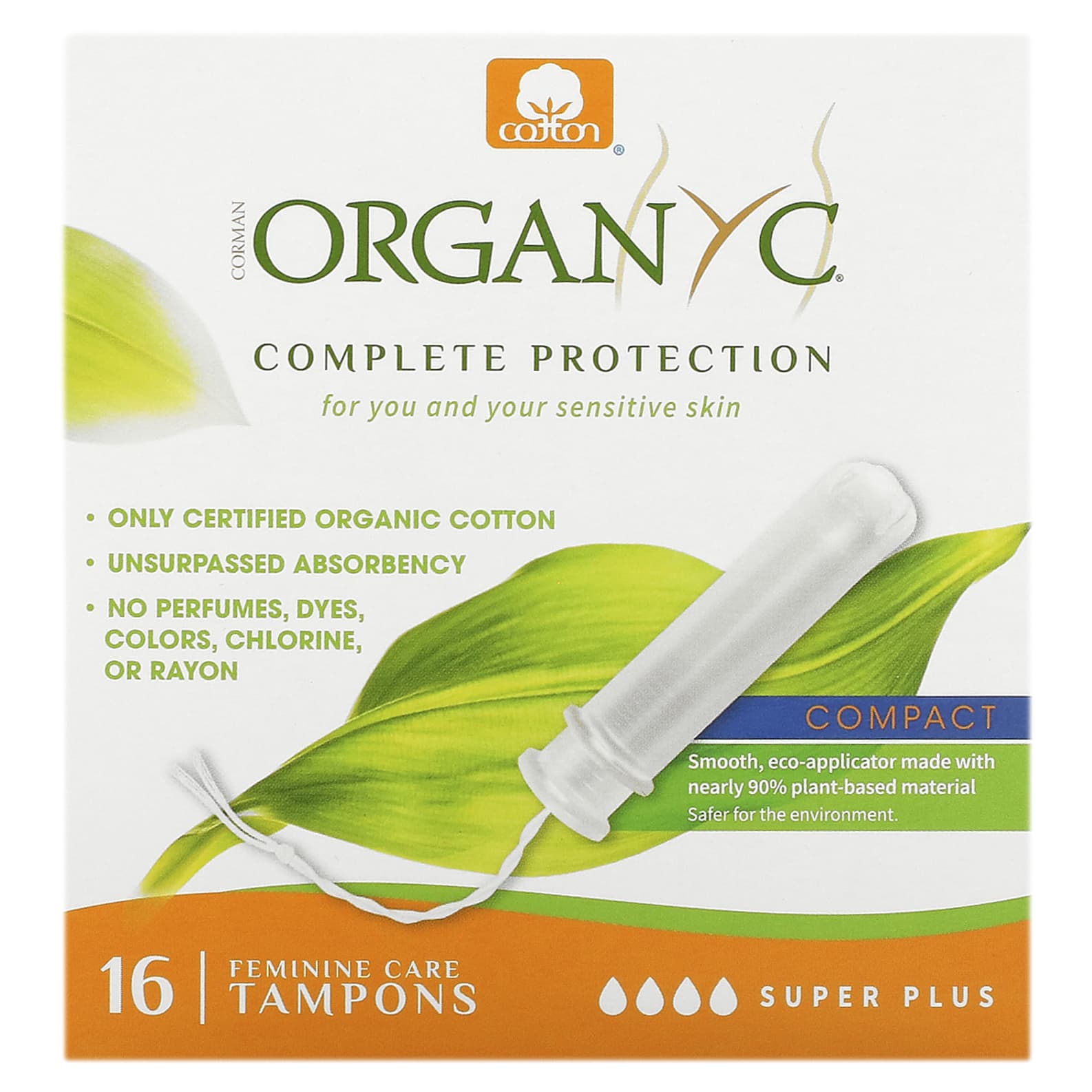 Organyc, Feminine Care Tampons, Compact, Super Plus, 16 Tampons - Image 1