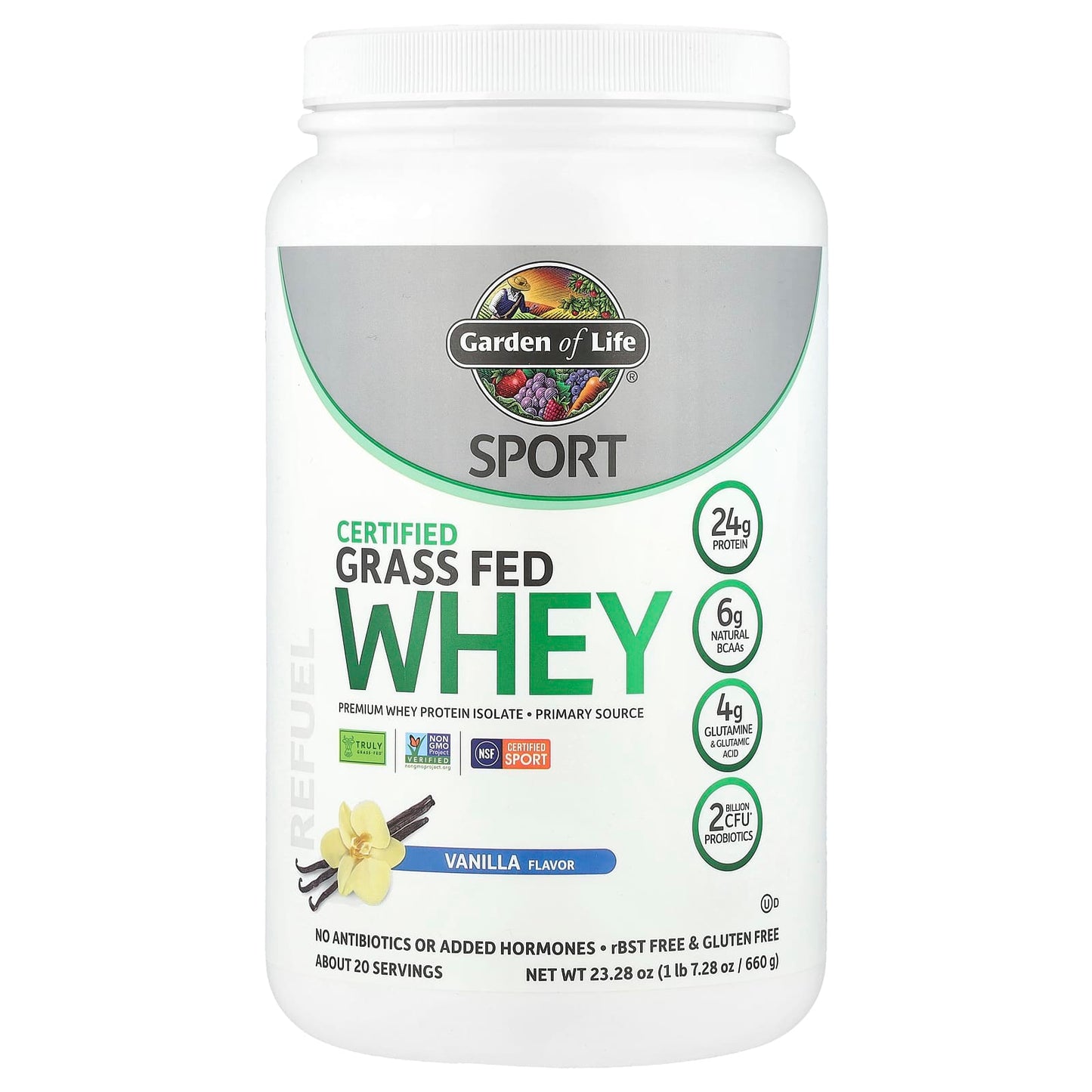 Certified Grass Fed Whey Protein Powder, Vanilla, 24g Protein, NSF Sport - Image 1