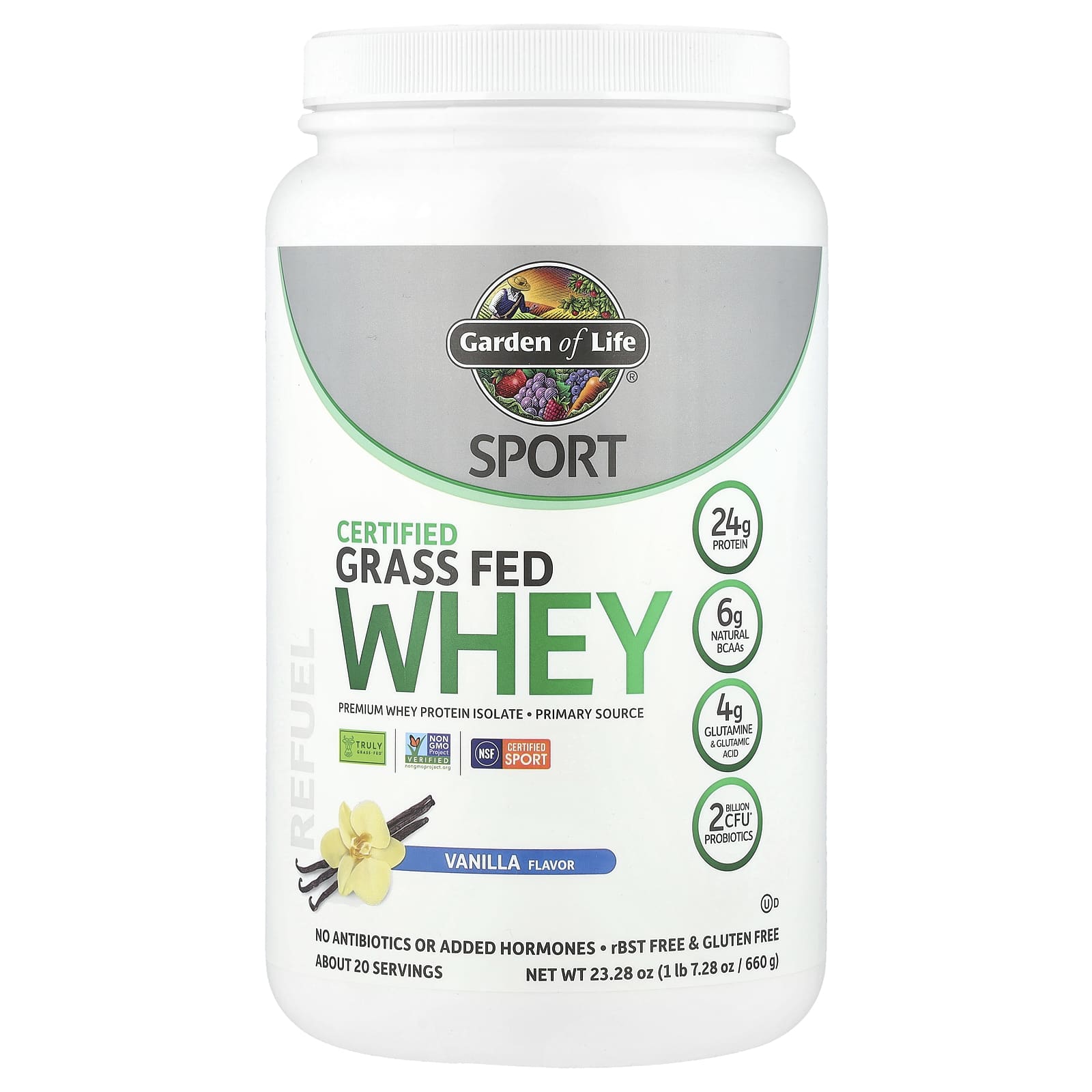 Certified Grass Fed Whey Protein Powder, Vanilla, 24g Protein, NSF Sport - Image 1