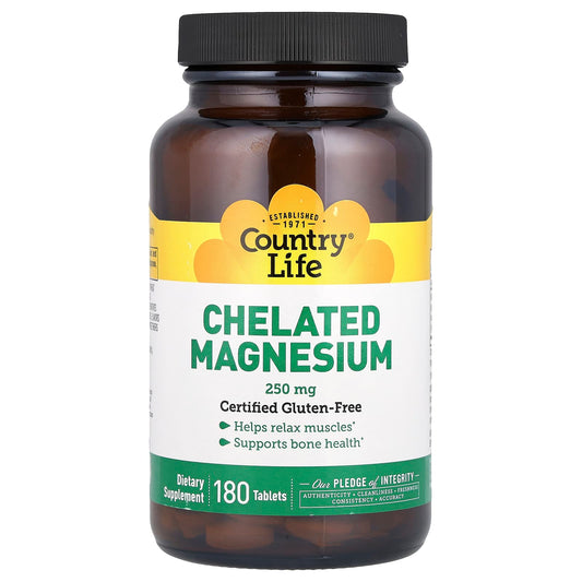 Country Life Chelated Magnesium 250mg 180 Tablets for Relaxation & Bone Health - Image 1