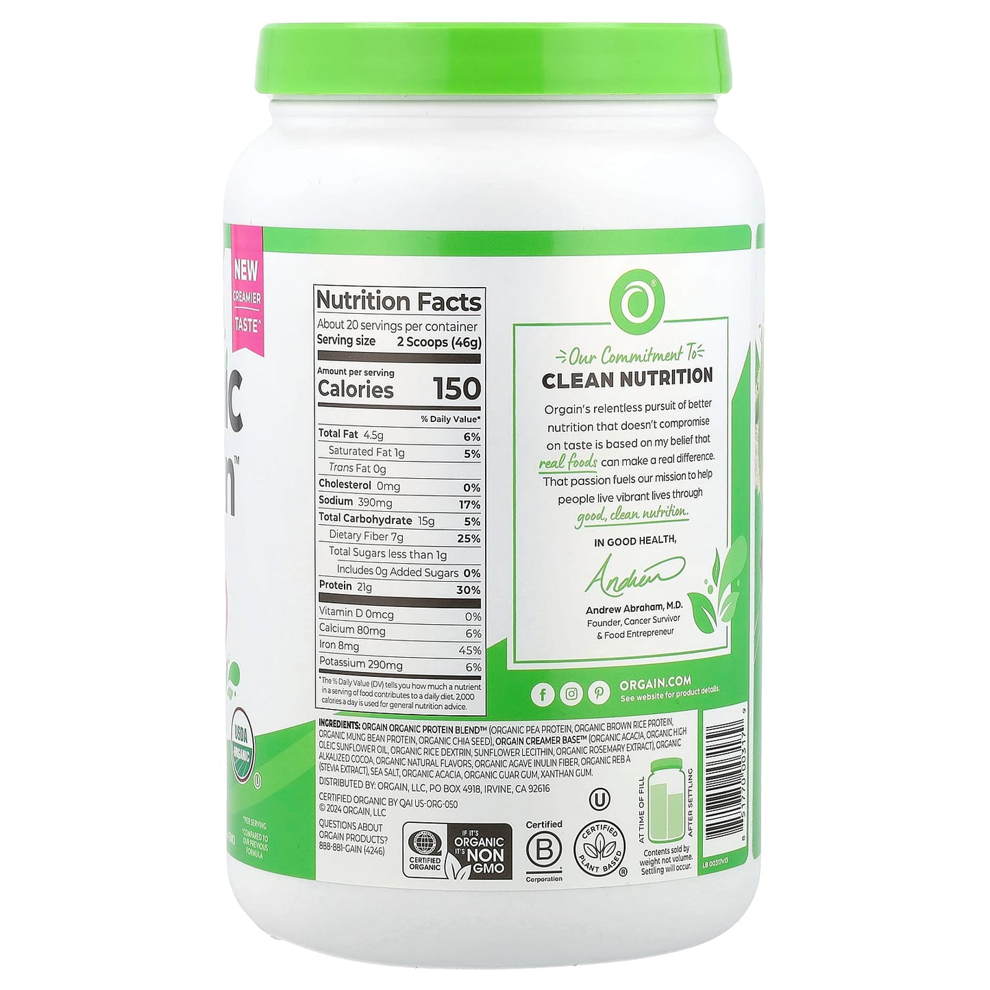 Orgain, Organic Protein™ Powder, Plant Based, Creamy Chocolate Fudge, 2.03 lb (920 g) - Image 2