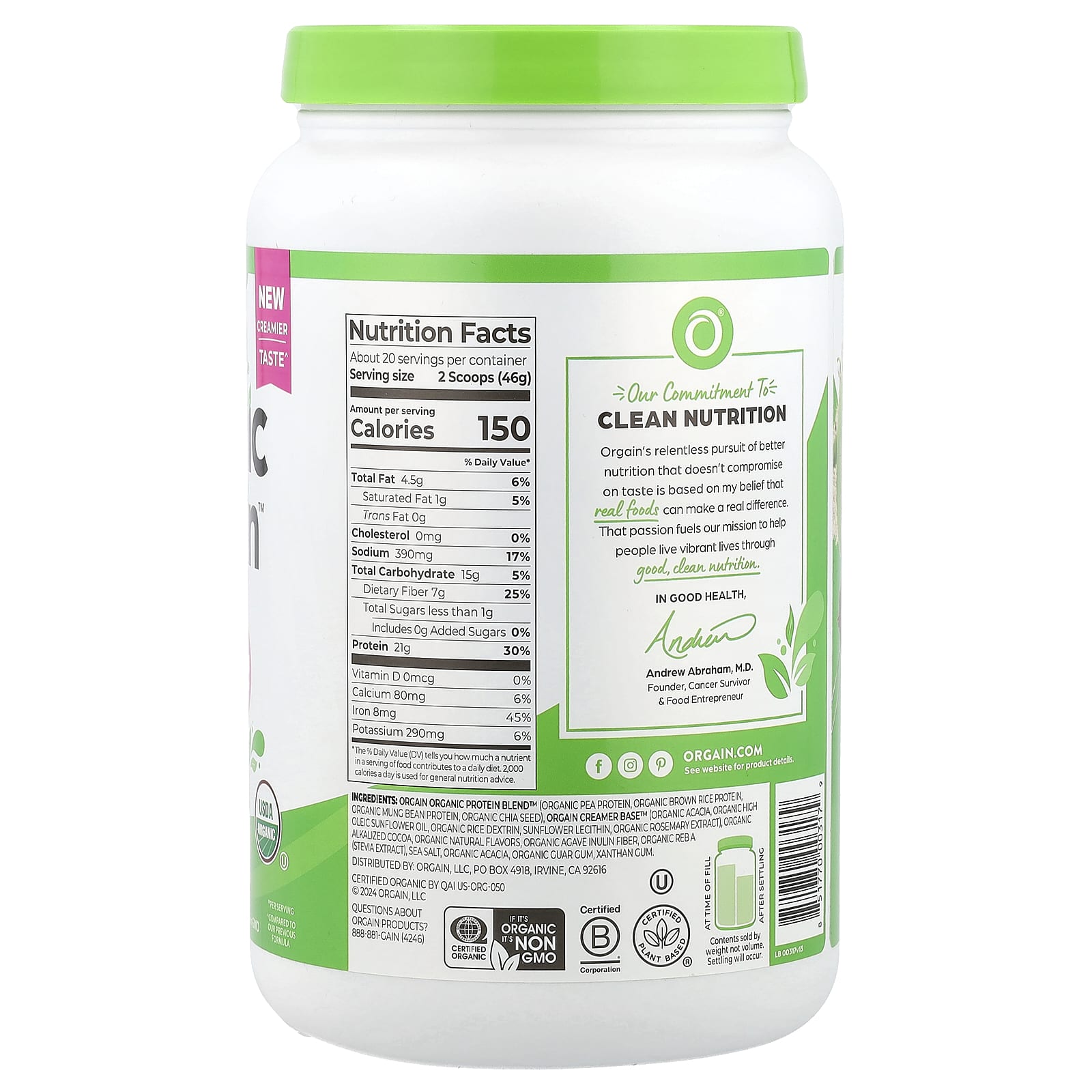 Orgain, Organic Protein™ Powder, Plant Based, Creamy Chocolate Fudge, 2.03 lb (920 g) - Image 2