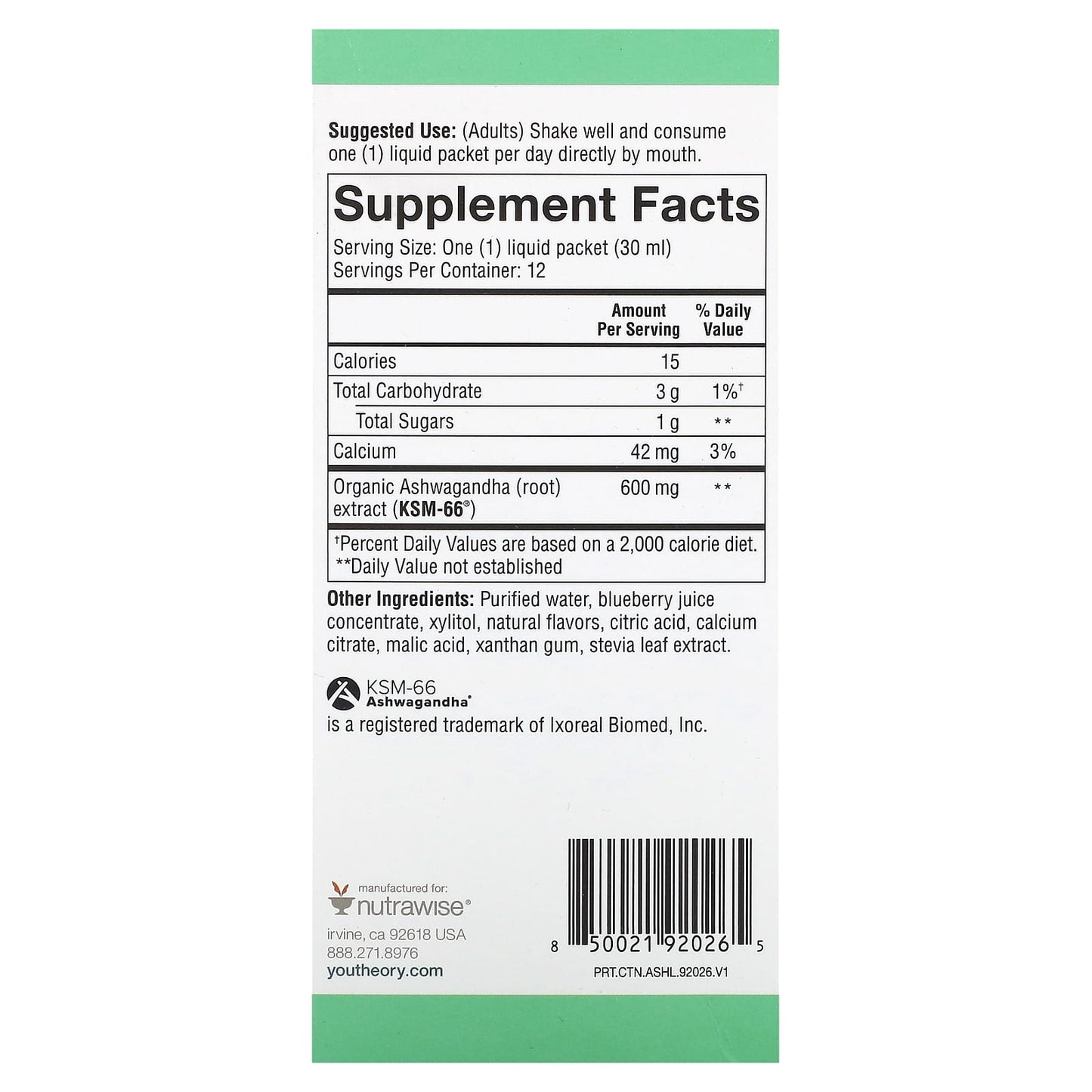 Youtheory, Ashwagandha Liquid, Blueberry, 600 mg, 12 Pouches, 1 fl oz (30 ml) Each - Image 2